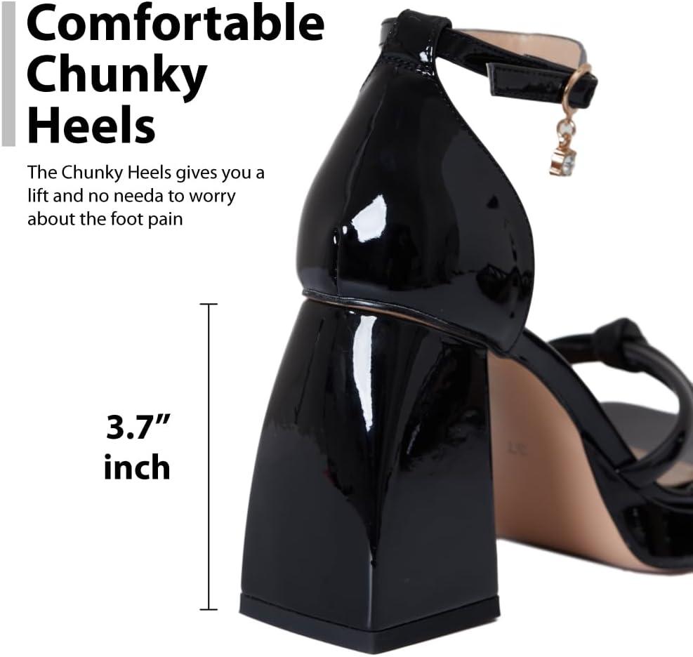 imageBlack Platform Heels Platform Chunky Heels Square Toe Ankle Strap Heels Bowknot Fashion Black Strappy Heels