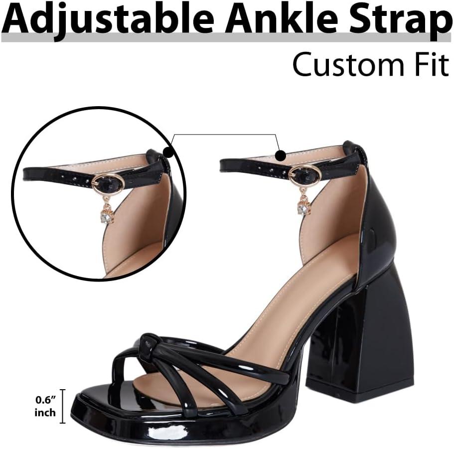 imageBlack Platform Heels Platform Chunky Heels Square Toe Ankle Strap Heels Bowknot Fashion Black Strappy Heels