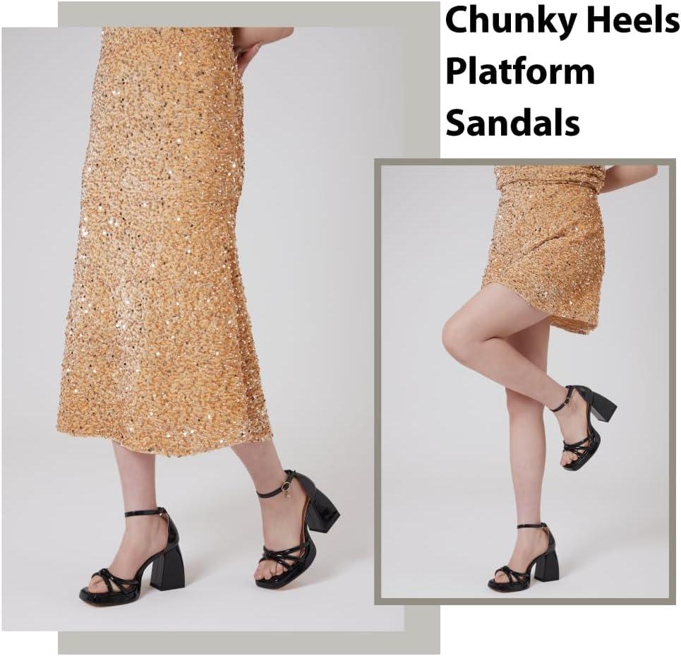 imageBlack Platform Heels Platform Chunky Heels Square Toe Ankle Strap Heels Bowknot Fashion Black Strappy Heels