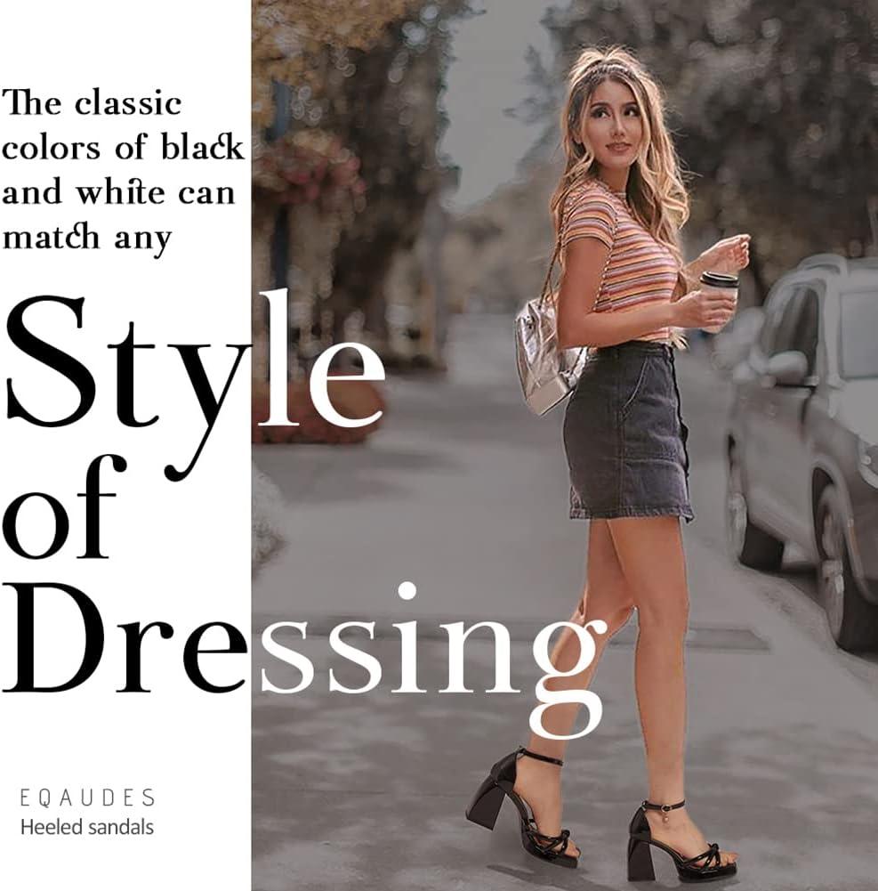 imageBlack Platform Heels Platform Chunky Heels Square Toe Ankle Strap Heels Bowknot Fashion Black Strappy Heels