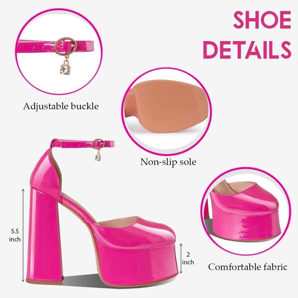 imageChunky Platform Heels Pink Platform Sandals For Women Close Toe Ankle Strap Chunky Block High Heel Fashion Pumps