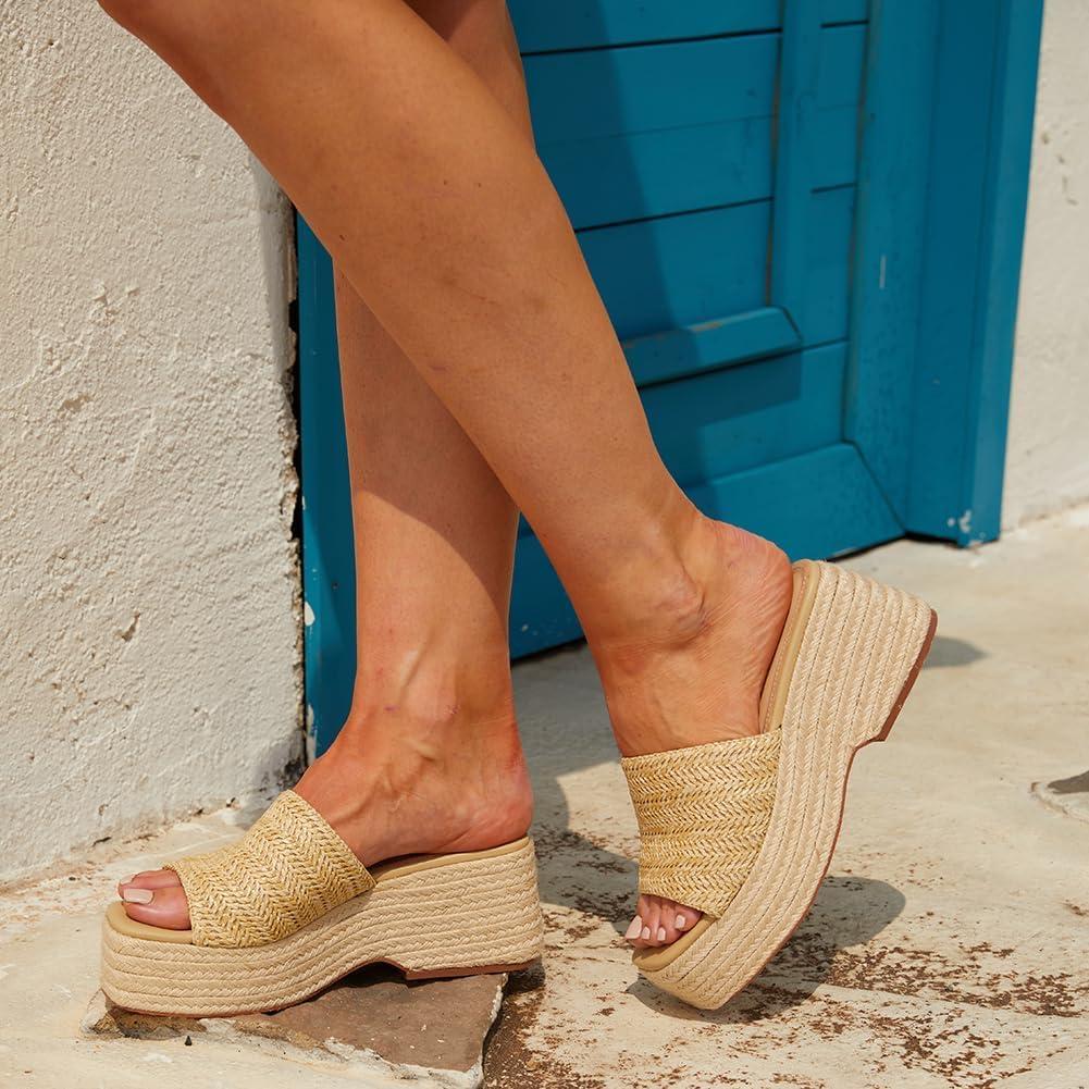 imagePlatform Slip on Espadrille Sandals for Women Summer Wedges Slides Flatform Open Toe Bohemia Beach Wedding1 Apricot