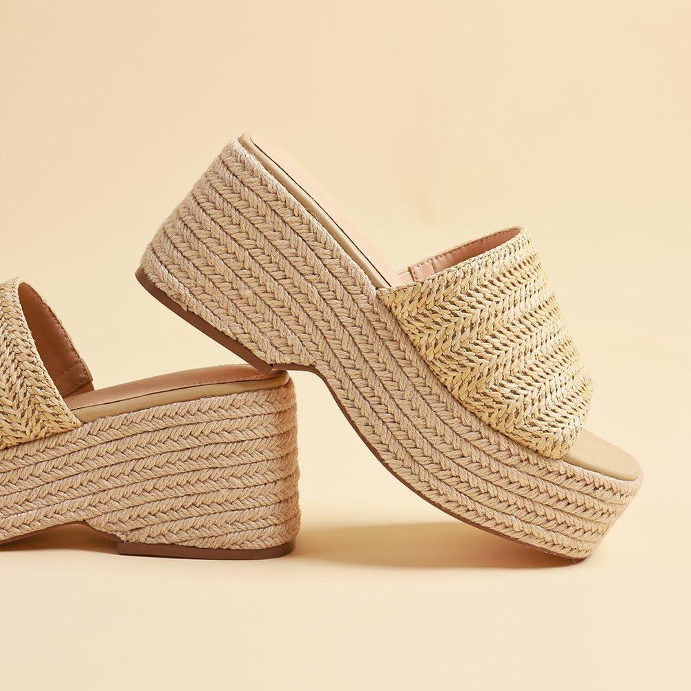 imagePlatform Slip on Espadrille Sandals for Women Summer Wedges Slides Flatform Open Toe Bohemia Beach Wedding1 Apricot
