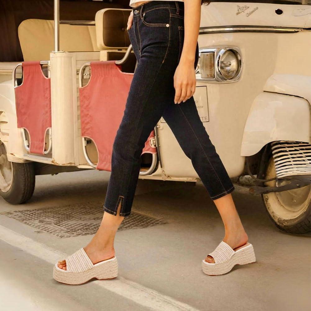imagePlatform Slip on Espadrille Sandals for Women Summer Wedges Slides Flatform Open Toe Bohemia Beach Wedding1 Beige