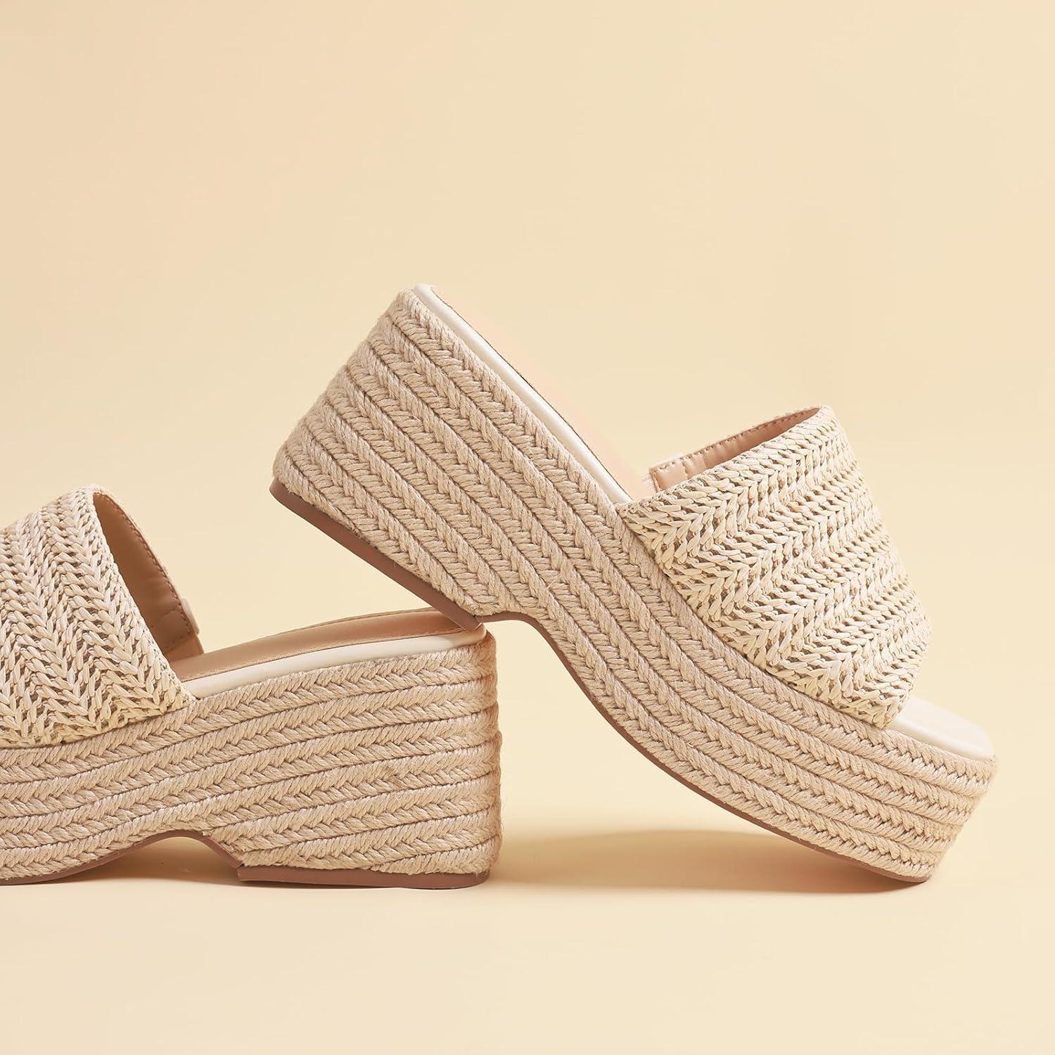 imagePlatform Slip on Espadrille Sandals for Women Summer Wedges Slides Flatform Open Toe Bohemia Beach Wedding1 Beige