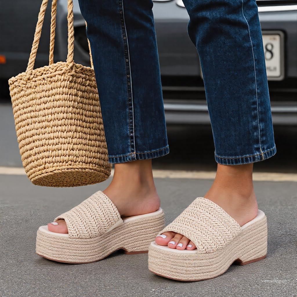 imagePlatform Slip on Espadrille Sandals for Women Summer Wedges Slides Flatform Open Toe Bohemia Beach Wedding1 Beige