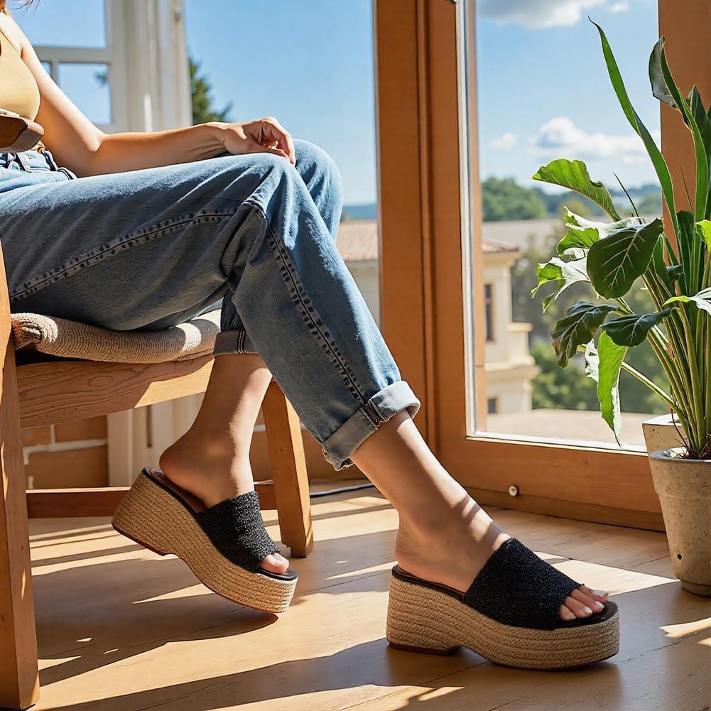 imagePlatform Slip on Espadrille Sandals for Women Summer Wedges Slides Flatform Open Toe Bohemia Beach Wedding1 Black