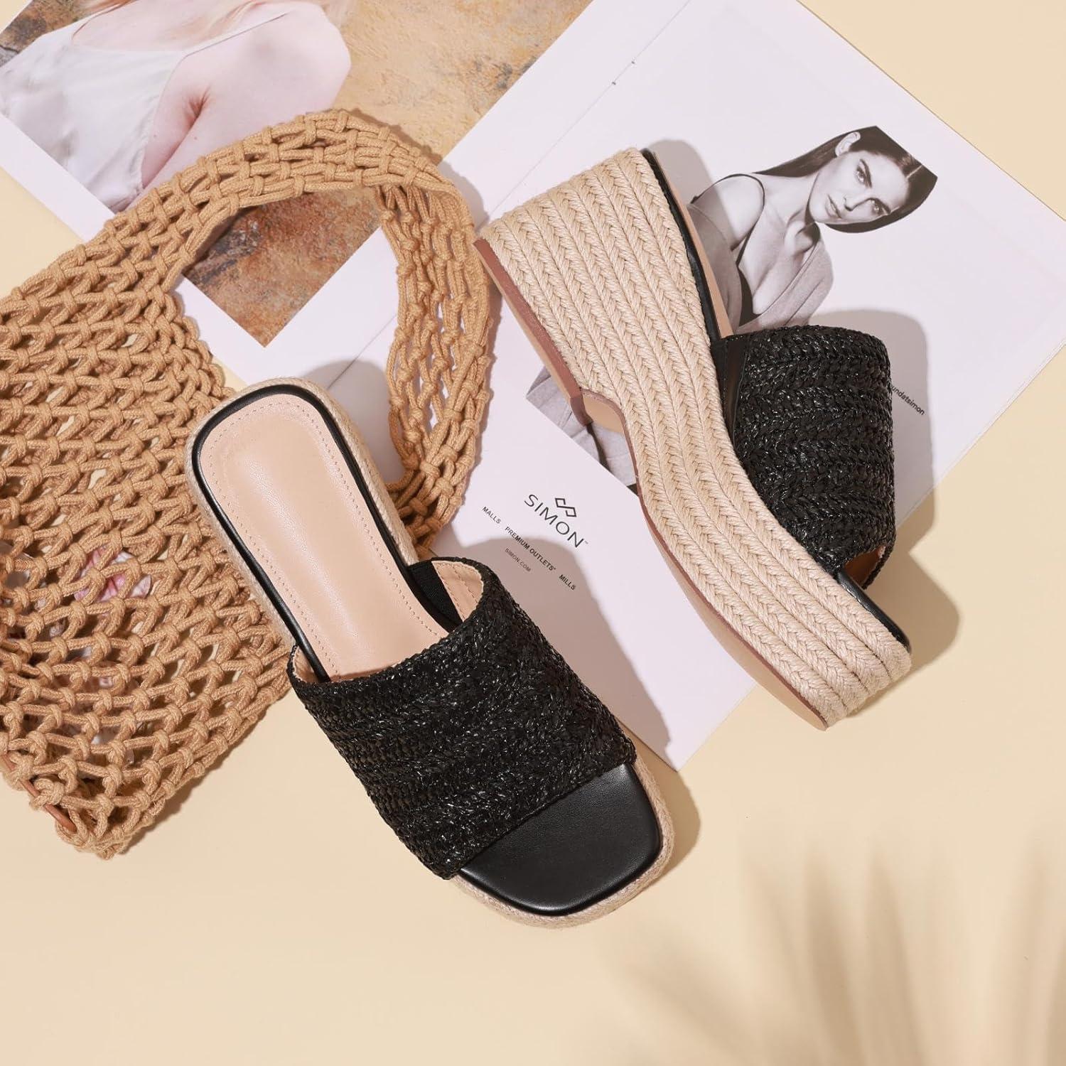 imagePlatform Slip on Espadrille Sandals for Women Summer Wedges Slides Flatform Open Toe Bohemia Beach Wedding1 Black