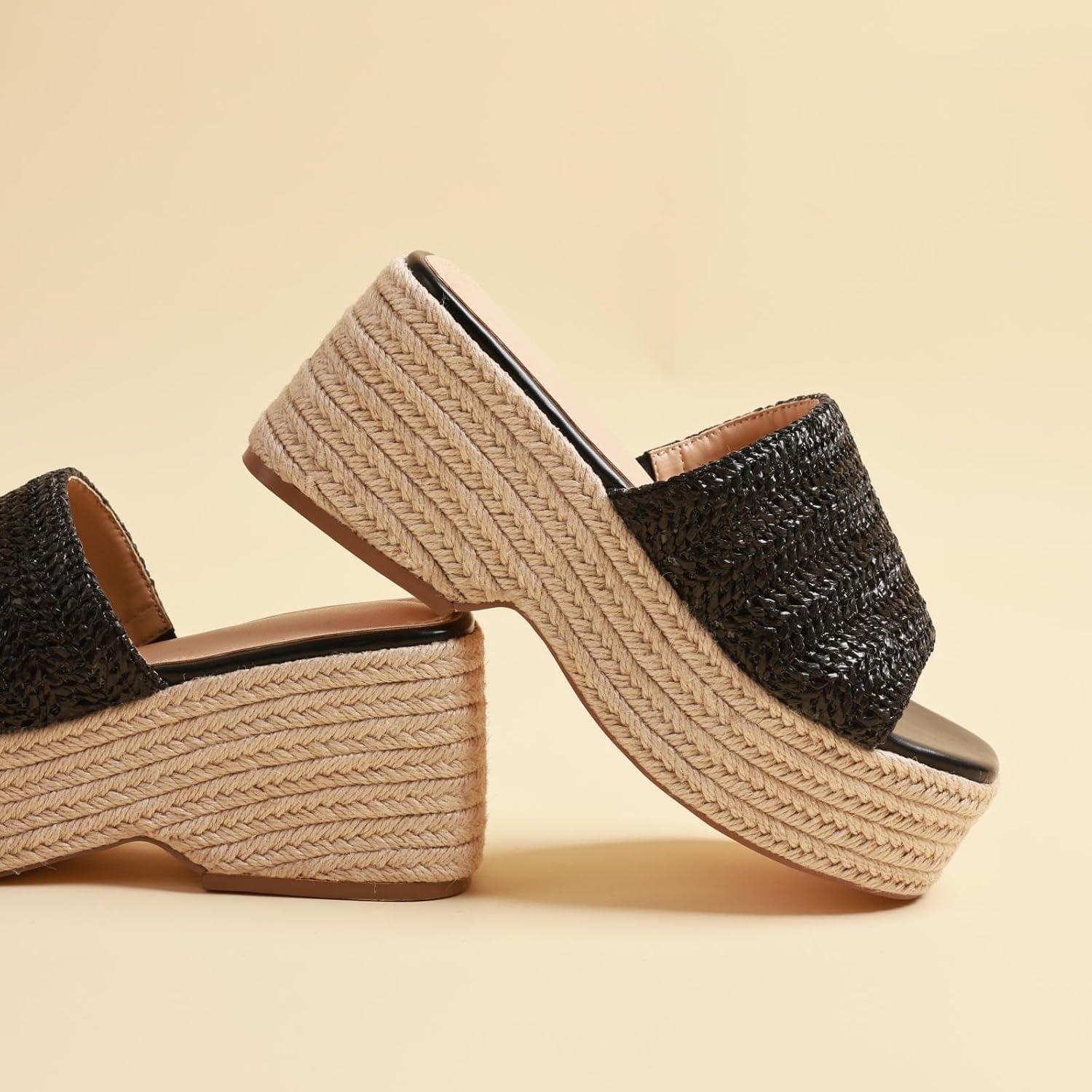 imagePlatform Slip on Espadrille Sandals for Women Summer Wedges Slides Flatform Open Toe Bohemia Beach Wedding1 Black