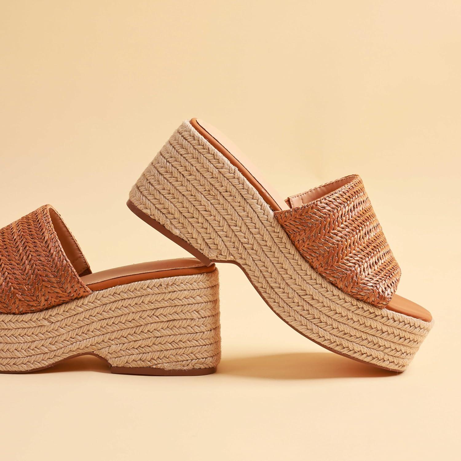 imagePlatform Slip on Espadrille Sandals for Women Summer Wedges Slides Flatform Open Toe Bohemia Beach Wedding1 Brown a