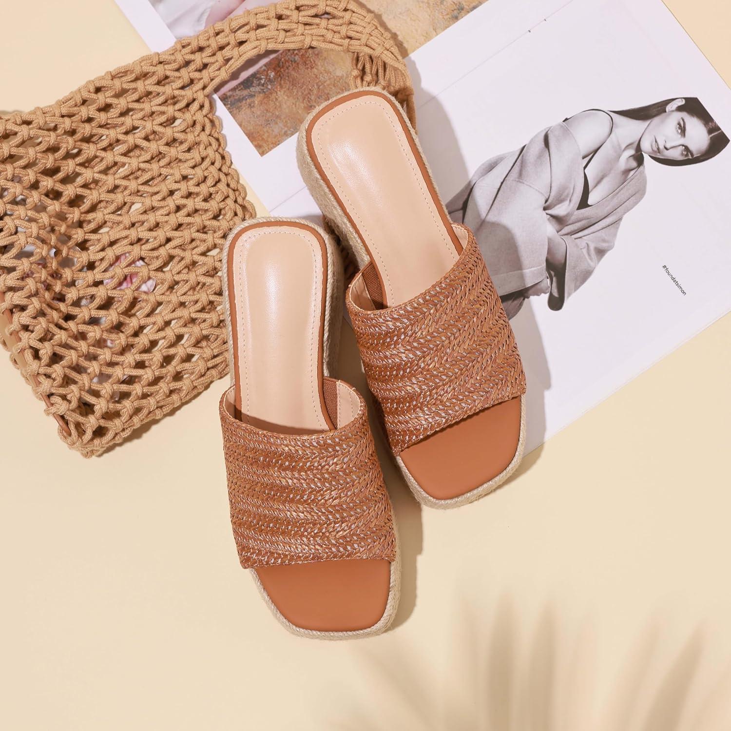 imagePlatform Slip on Espadrille Sandals for Women Summer Wedges Slides Flatform Open Toe Bohemia Beach Wedding1 Brown a