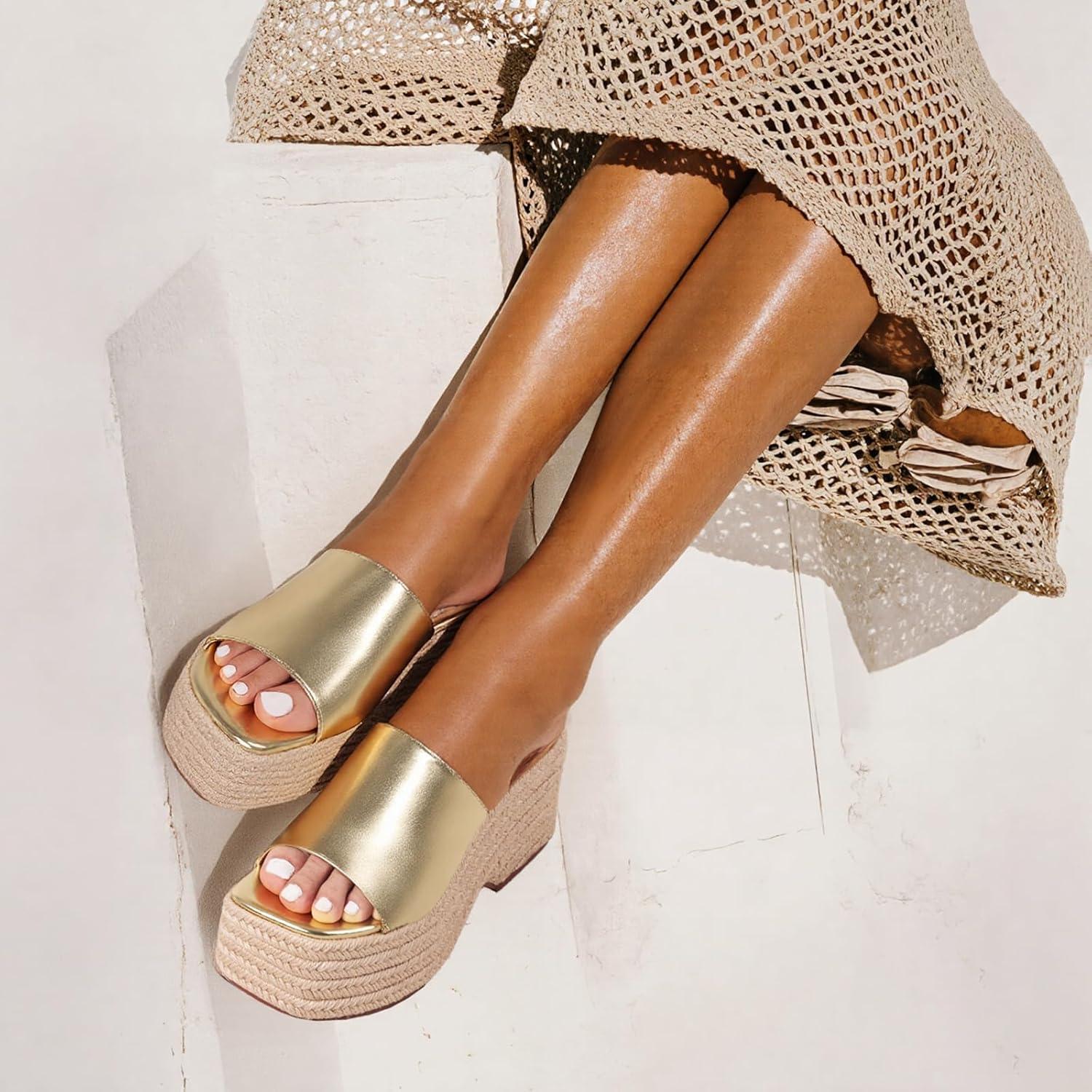 imagePlatform Slip on Espadrille Sandals for Women Summer Wedges Slides Flatform Open Toe Bohemia Beach Wedding1 Gold