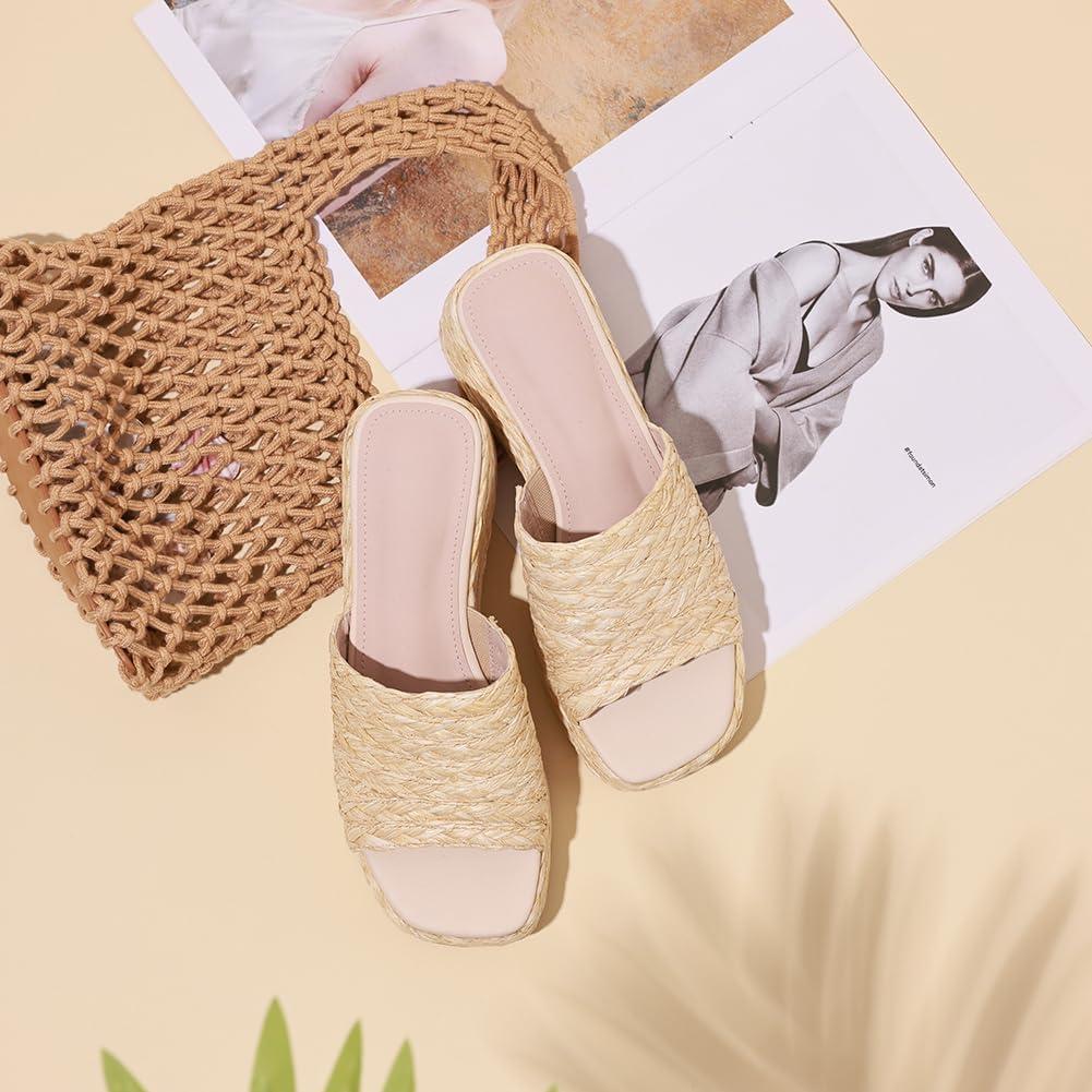 imagePlatform Slip on Espadrille Sandals for Women Summer Wedges Slides Flatform Open Toe Bohemia Beach Wedding2 Apricot