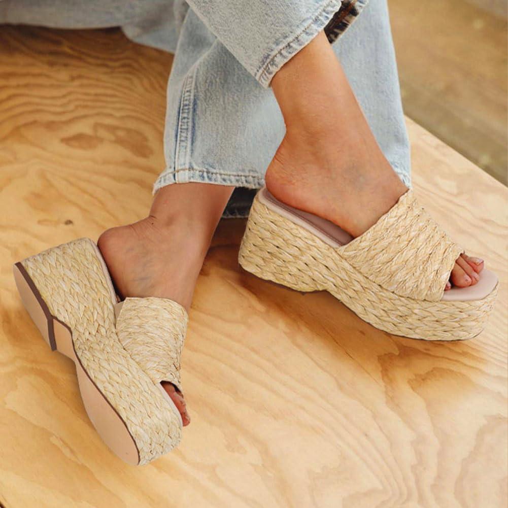 imagePlatform Slip on Espadrille Sandals for Women Summer Wedges Slides Flatform Open Toe Bohemia Beach Wedding2 Apricot