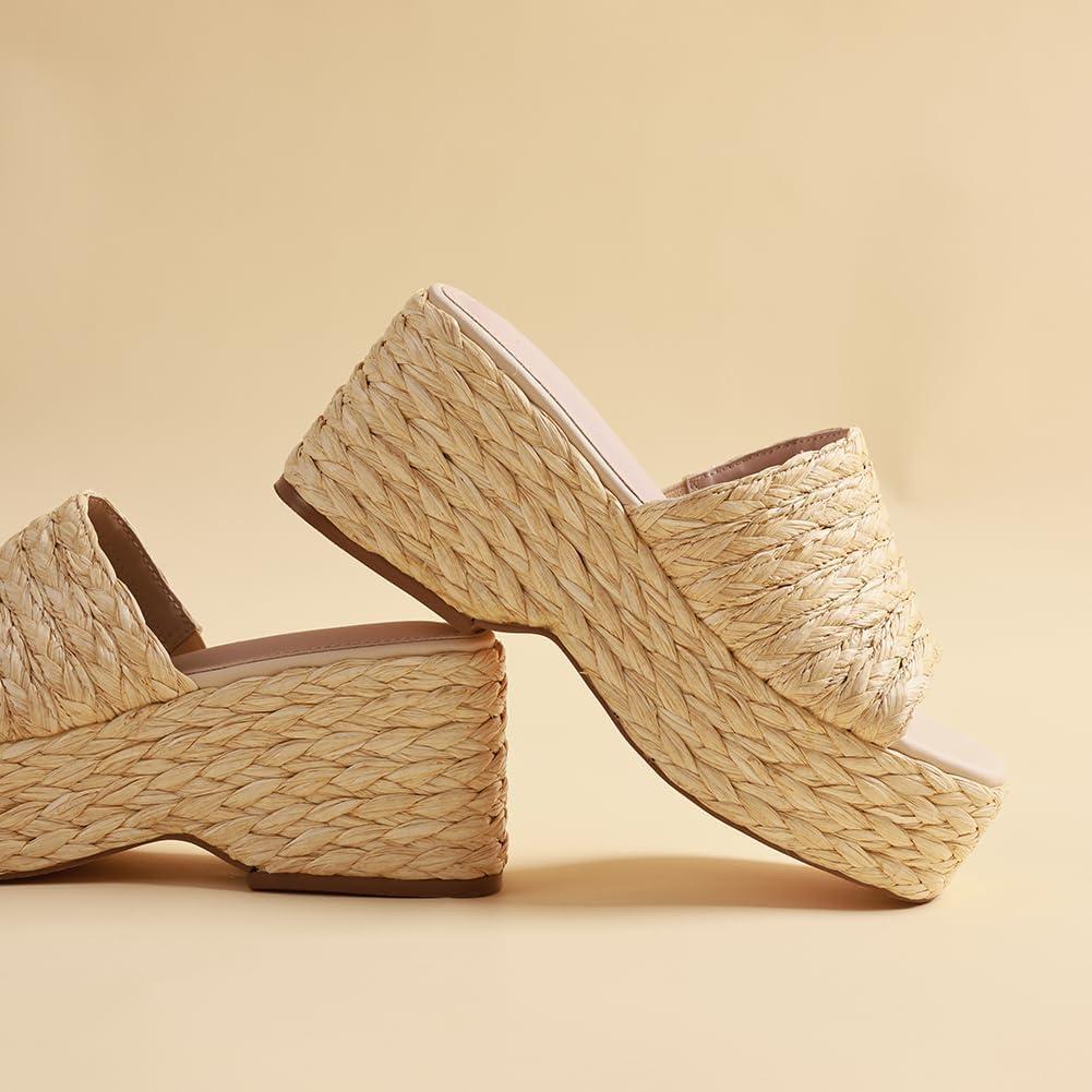 imagePlatform Slip on Espadrille Sandals for Women Summer Wedges Slides Flatform Open Toe Bohemia Beach Wedding2 Apricot