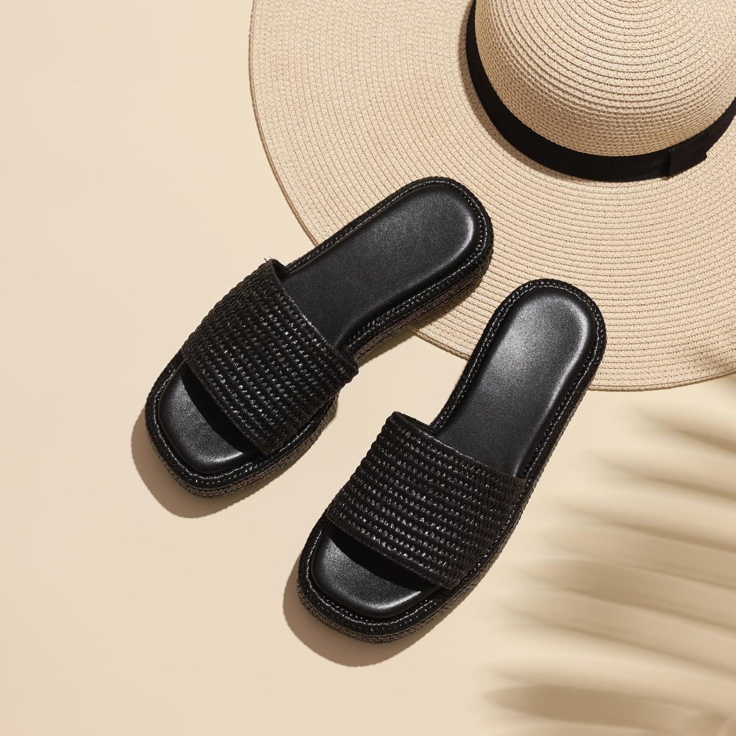 imagePlatform Slip on Espadrille Sandals for Women Wedges Slides Bohemia Sandals Flatform Open Toe Beach Sandals1 Black