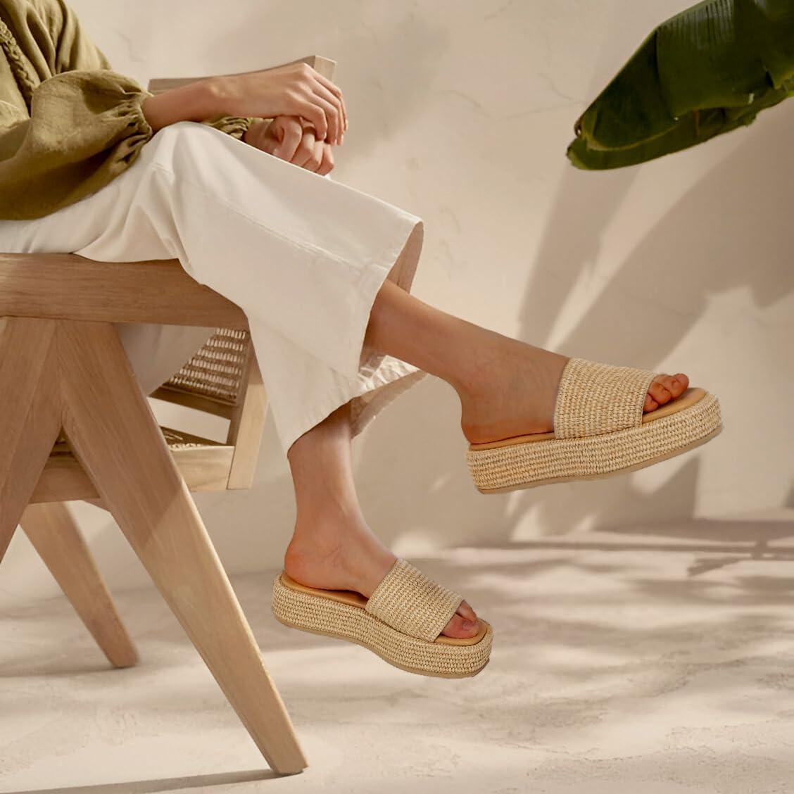 imagePlatform Slip on Espadrille Sandals for Women Wedges Slides Bohemia Sandals Flatform Open Toe Beach Sandals1 Brown