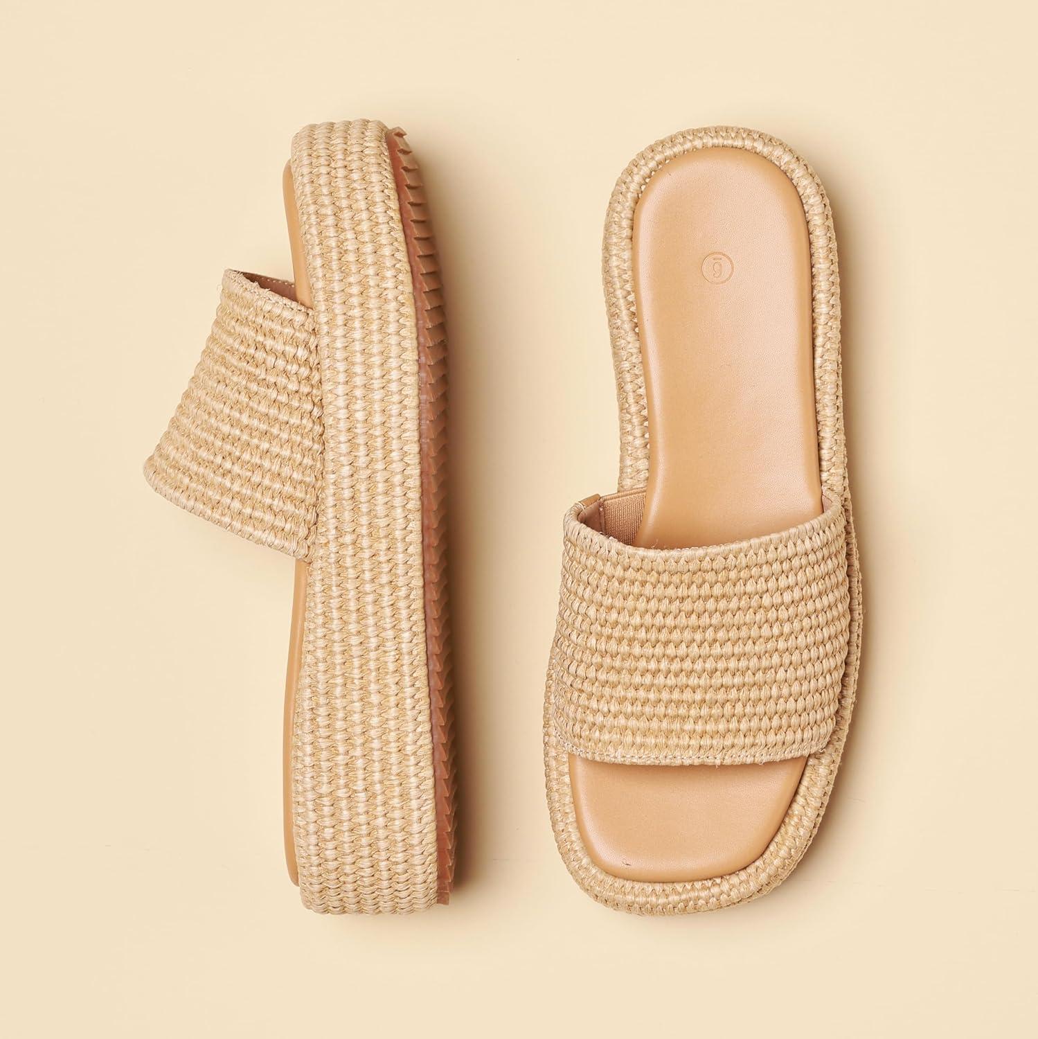 imagePlatform Slip on Espadrille Sandals for Women Wedges Slides Bohemia Sandals Flatform Open Toe Beach Sandals1 Brown