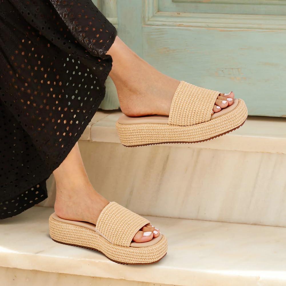 imagePlatform Slip on Espadrille Sandals for Women Wedges Slides Bohemia Sandals Flatform Open Toe Beach Sandals1 Natural