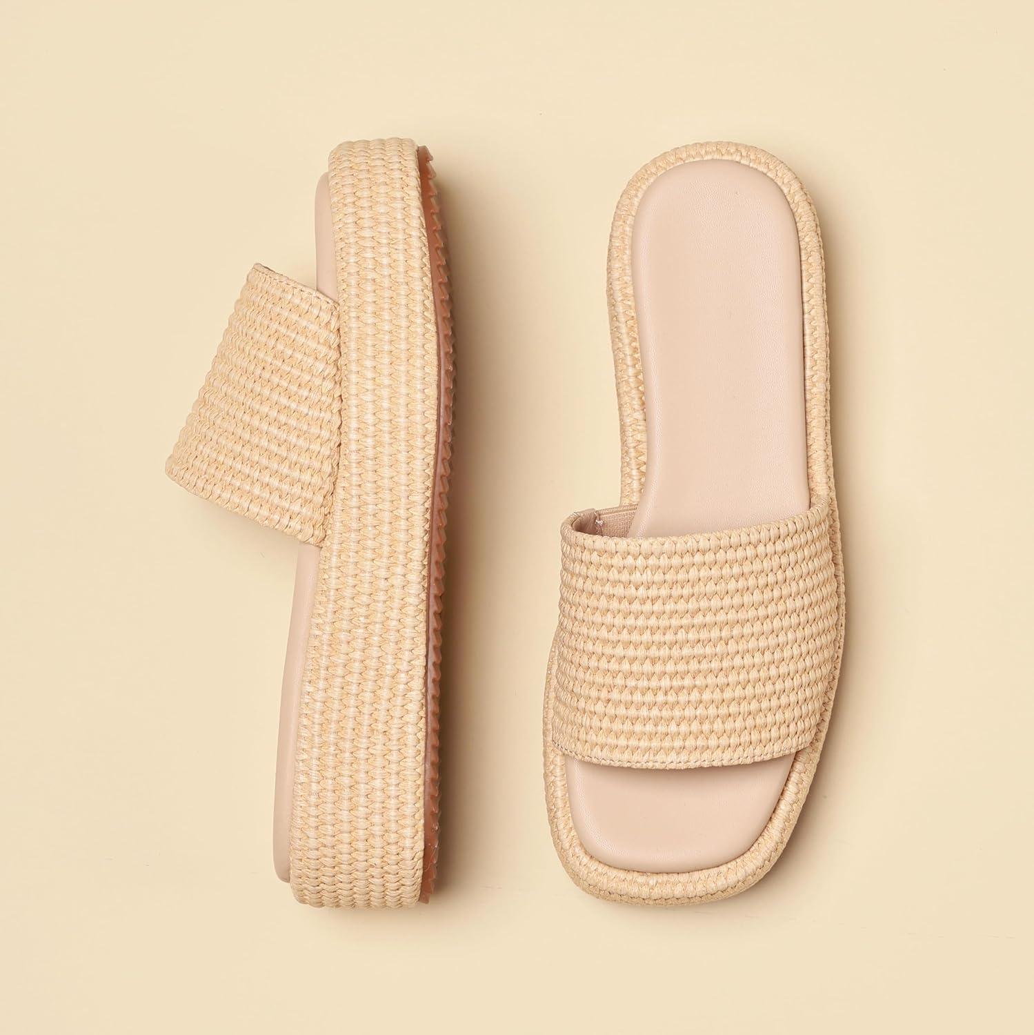 imagePlatform Slip on Espadrille Sandals for Women Wedges Slides Bohemia Sandals Flatform Open Toe Beach Sandals1 Natural
