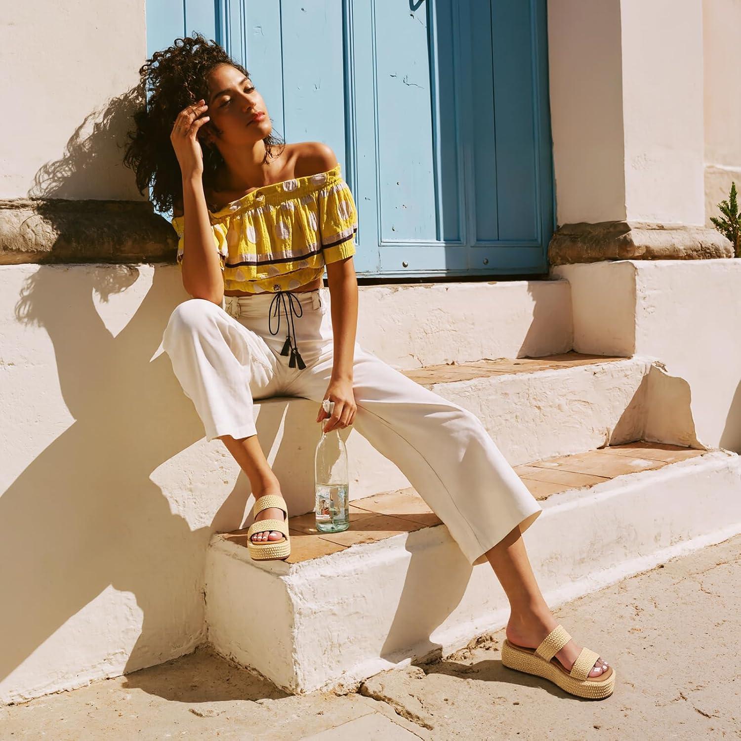 imagePlatform Slip on Espadrille Sandals for Women Wedges Slides Bohemia Sandals Flatform Open Toe Beach Sandals2 Apricot Straps