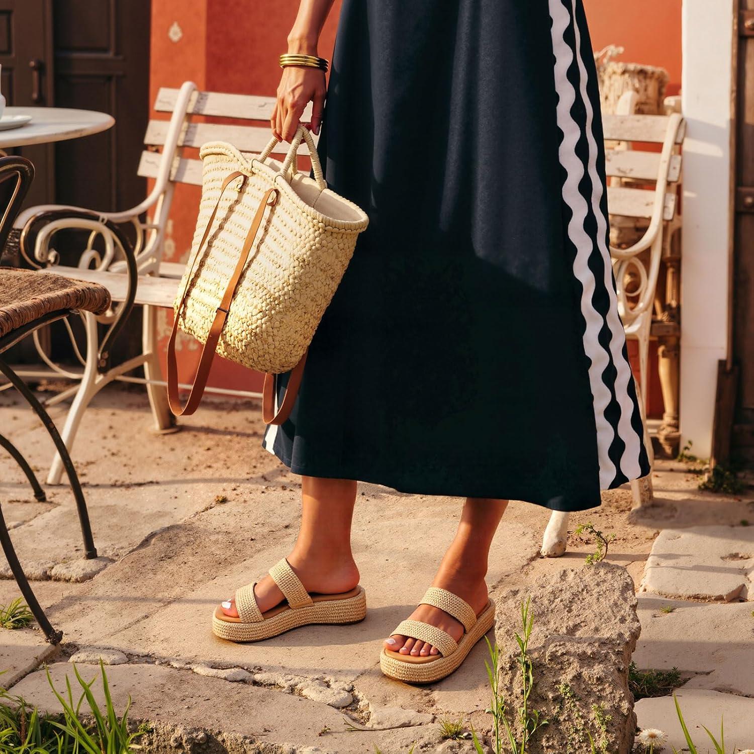 imagePlatform Slip on Espadrille Sandals for Women Wedges Slides Bohemia Sandals Flatform Open Toe Beach Sandals2 Brown Straps