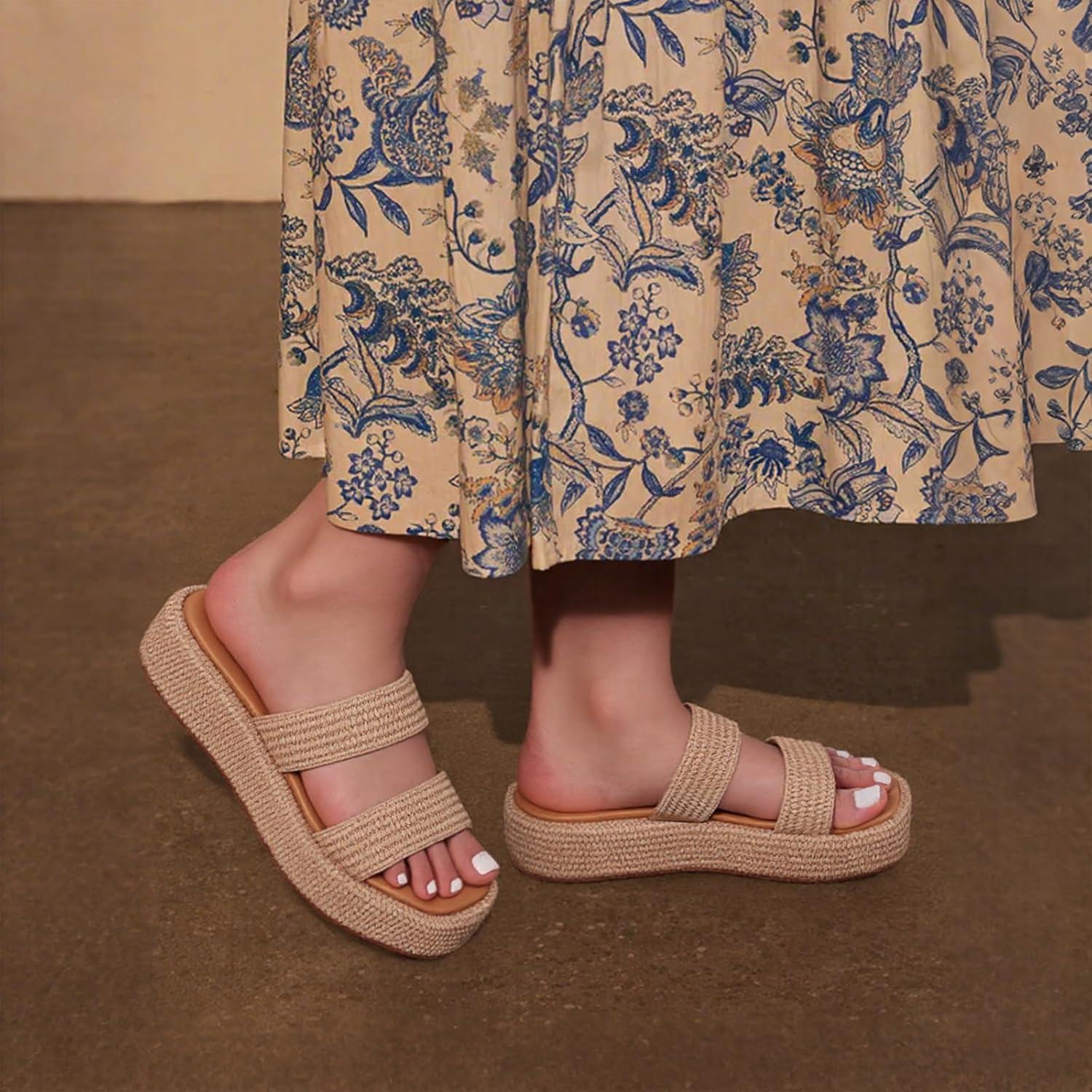 imagePlatform Slip on Espadrille Sandals for Women Wedges Slides Bohemia Sandals Flatform Open Toe Beach Sandals2 Coffee Straps