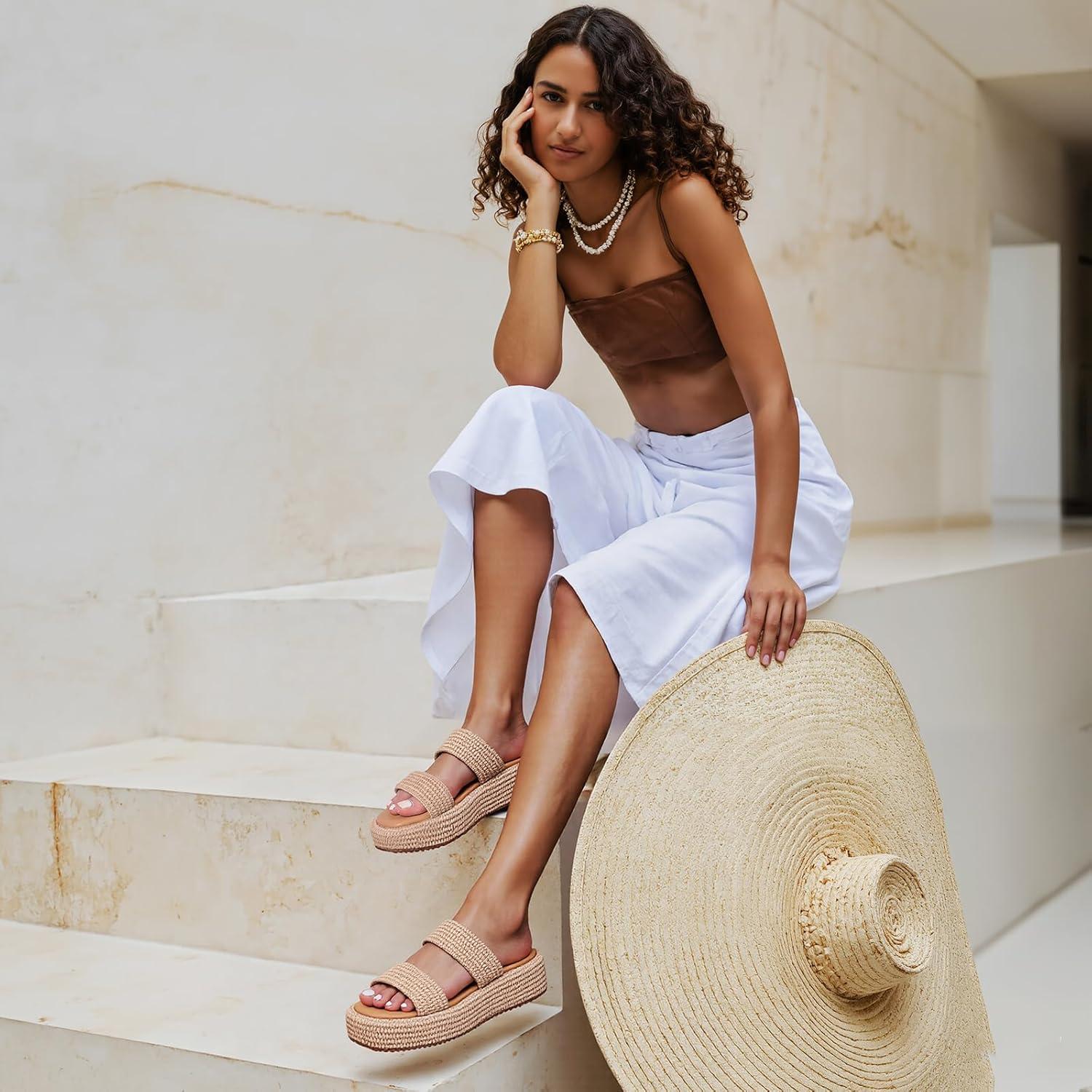 imagePlatform Slip on Espadrille Sandals for Women Wedges Slides Bohemia Sandals Flatform Open Toe Beach Sandals2 Coffee Straps