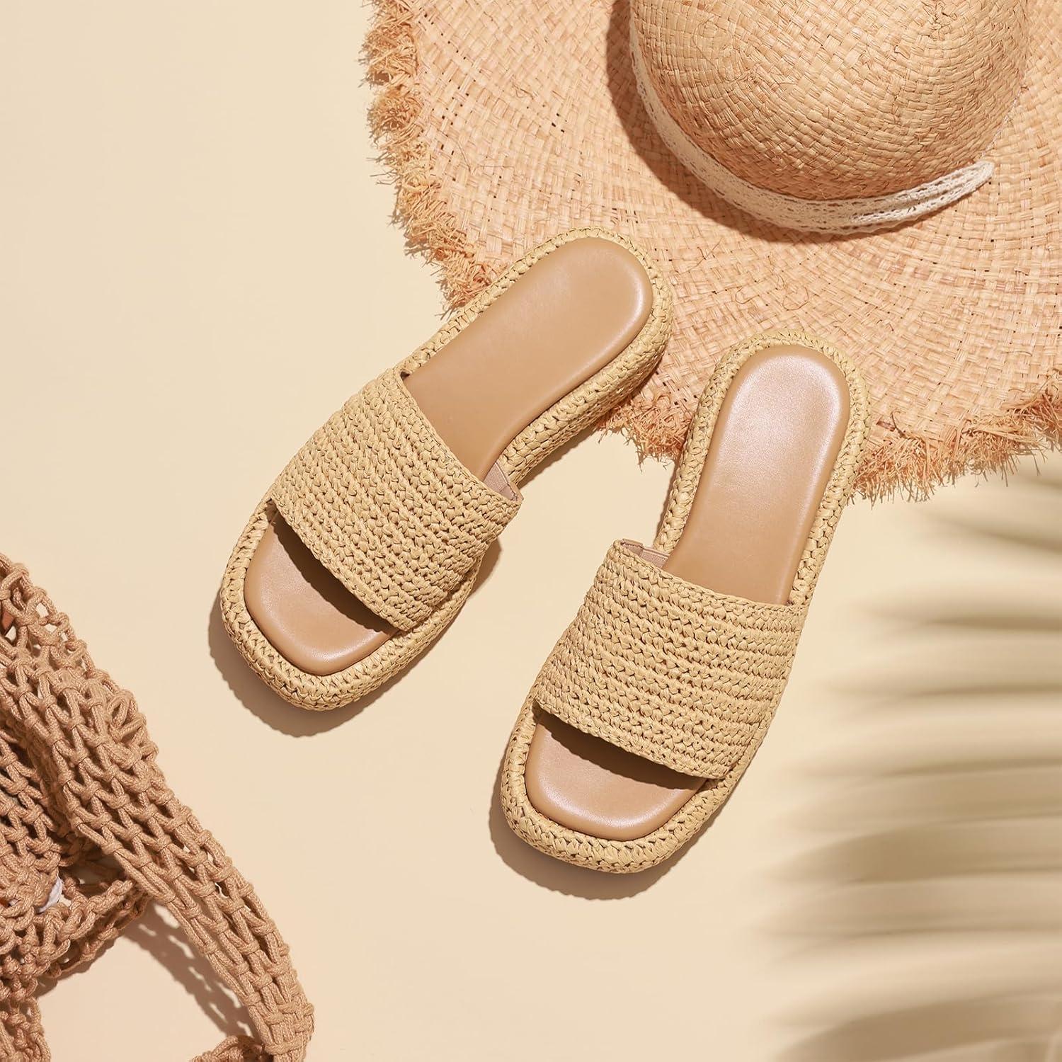 imagePlatform Slip on Espadrille Sandals for Women Wedges Slides Bohemia Sandals Flatform Open Toe Beach Sandals2 Natural