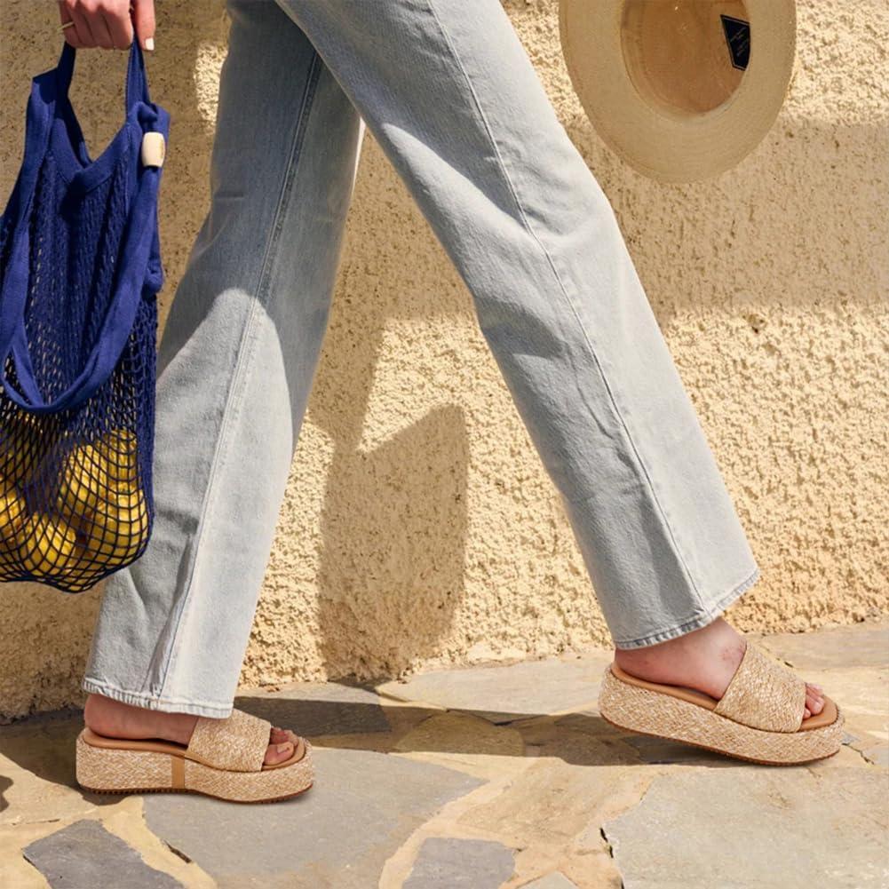 imagePlatform Slip on Espadrille Sandals for Women Wedges Slides Bohemia Sandals Flatform Open Toe Beach Sandals2 Raffiaa