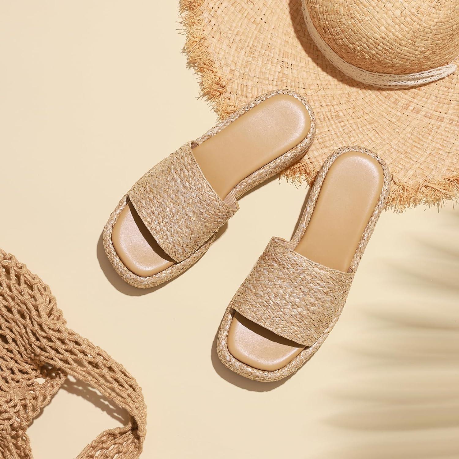 imagePlatform Slip on Espadrille Sandals for Women Wedges Slides Bohemia Sandals Flatform Open Toe Beach Sandals2 Raffiaa