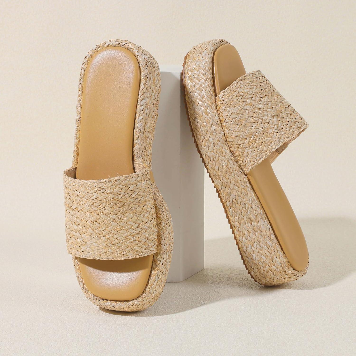 imagePlatform Slip on Espadrille Sandals for Women Wedges Slides Bohemia Sandals Flatform Open Toe Beach Sandals2 Raffiaa