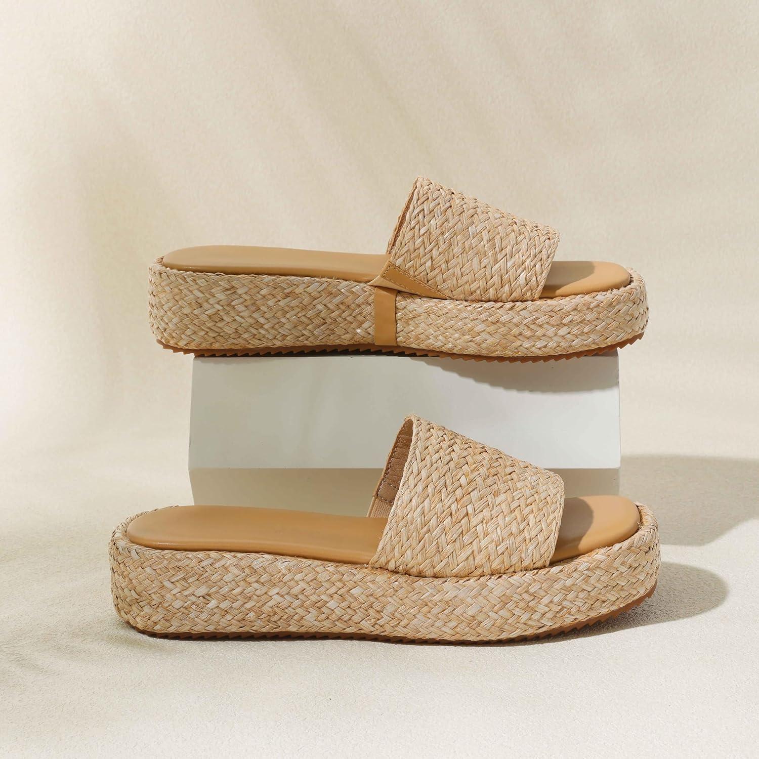 imagePlatform Slip on Espadrille Sandals for Women Wedges Slides Bohemia Sandals Flatform Open Toe Beach Sandals2 Raffiaa