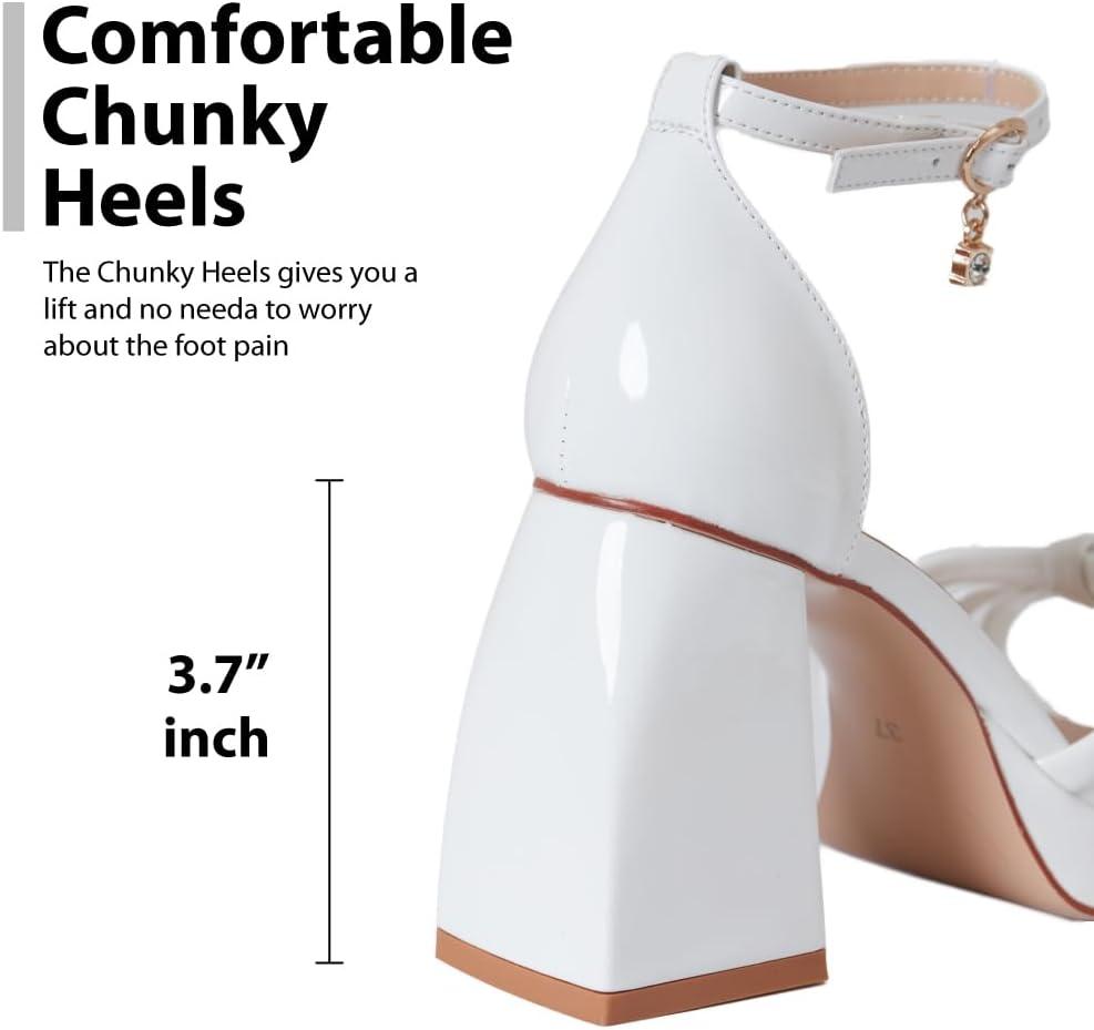 imageWhite Platform Heels Platform Chunky Heels Square Toe Ankle Strap Heels Bowknot Fashion White Strappy Heels