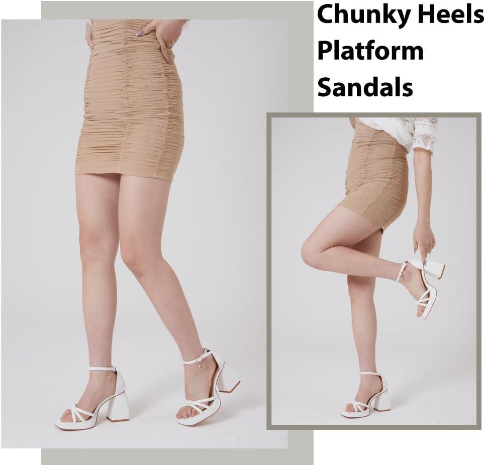 imageWhite Platform Heels Platform Chunky Heels Square Toe Ankle Strap Heels Bowknot Fashion White Strappy Heels