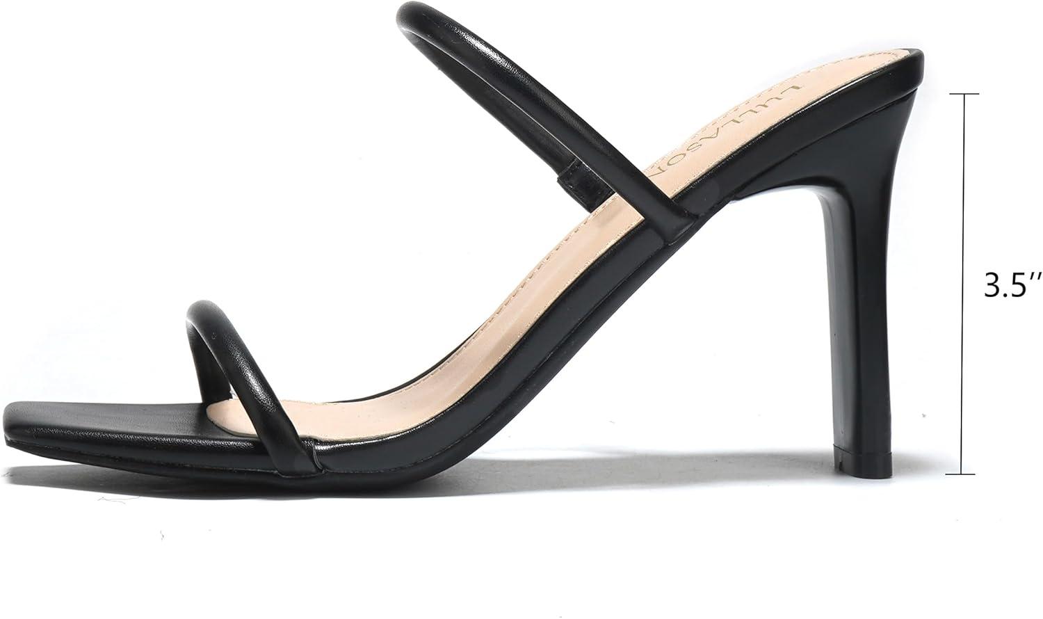 imageWomens Heels Sandals Block Chunky Mid Heels Slip On Slides 35 Inch Heeled Square Open Toe Sandals for WomenBlack