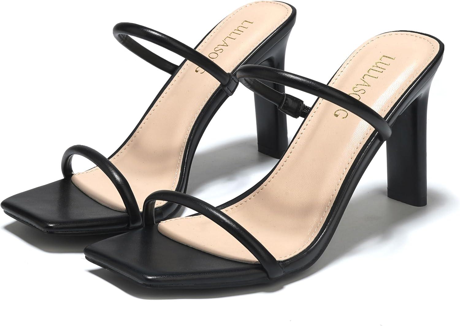 imageWomens Heels Sandals Block Chunky Mid Heels Slip On Slides 35 Inch Heeled Square Open Toe Sandals for WomenBlack