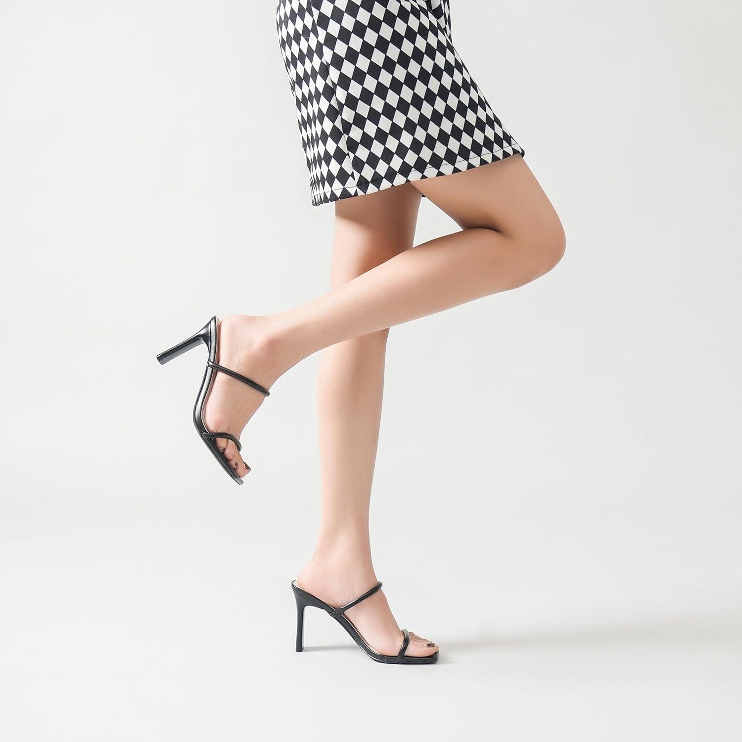 imageWomens Heels Sandals Block Chunky Mid Heels Slip On Slides 35 Inch Heeled Square Open Toe Sandals for WomenBlack