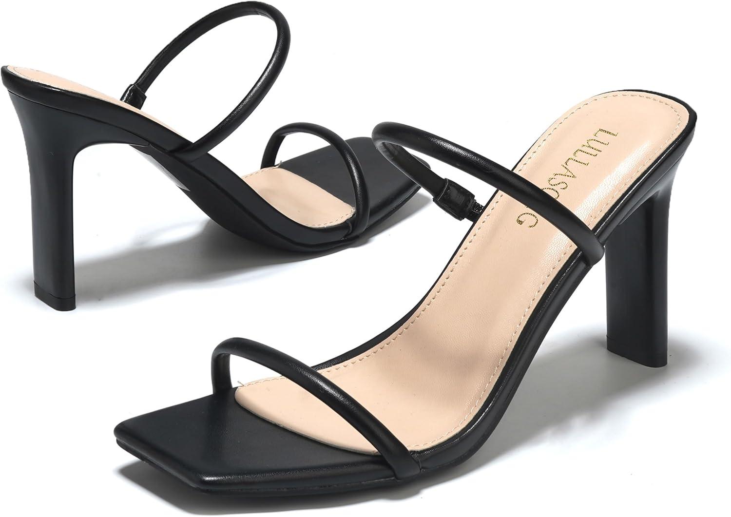 imageWomens Heels Sandals Block Chunky Mid Heels Slip On Slides 35 Inch Heeled Square Open Toe Sandals for WomenBlack