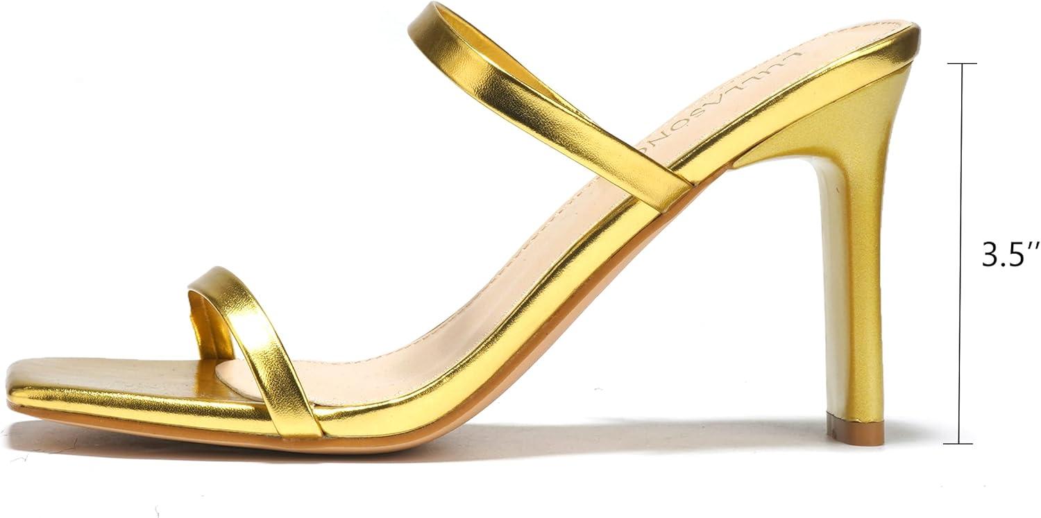 imageWomens Heels Sandals Block Chunky Mid Heels Slip On Slides 35 Inch Heeled Square Open Toe Sandals for WomenGold