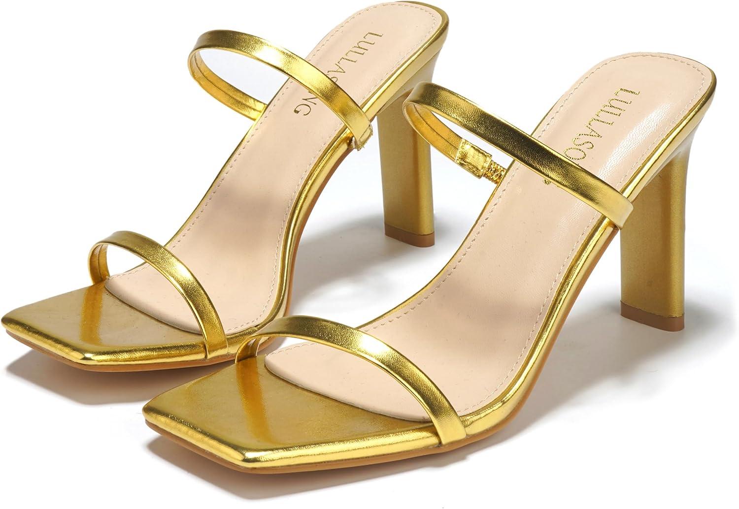 imageWomens Heels Sandals Block Chunky Mid Heels Slip On Slides 35 Inch Heeled Square Open Toe Sandals for WomenGold