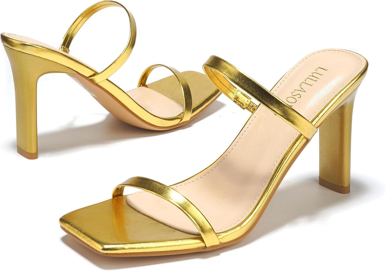 imageWomens Heels Sandals Block Chunky Mid Heels Slip On Slides 35 Inch Heeled Square Open Toe Sandals for WomenGold