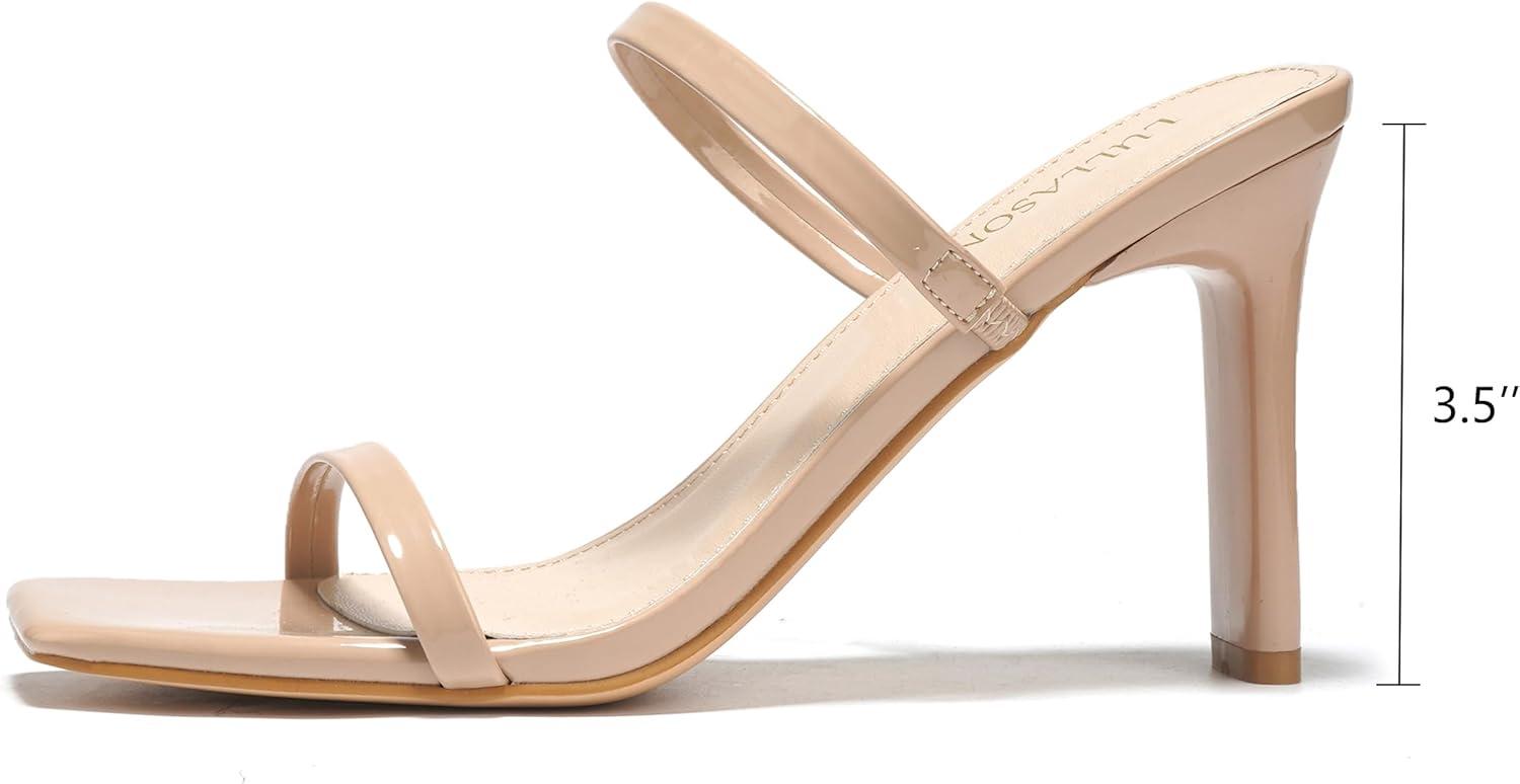 imageWomens Heels Sandals Block Chunky Mid Heels Slip On Slides 35 Inch Heeled Square Open Toe Sandals for WomenNude