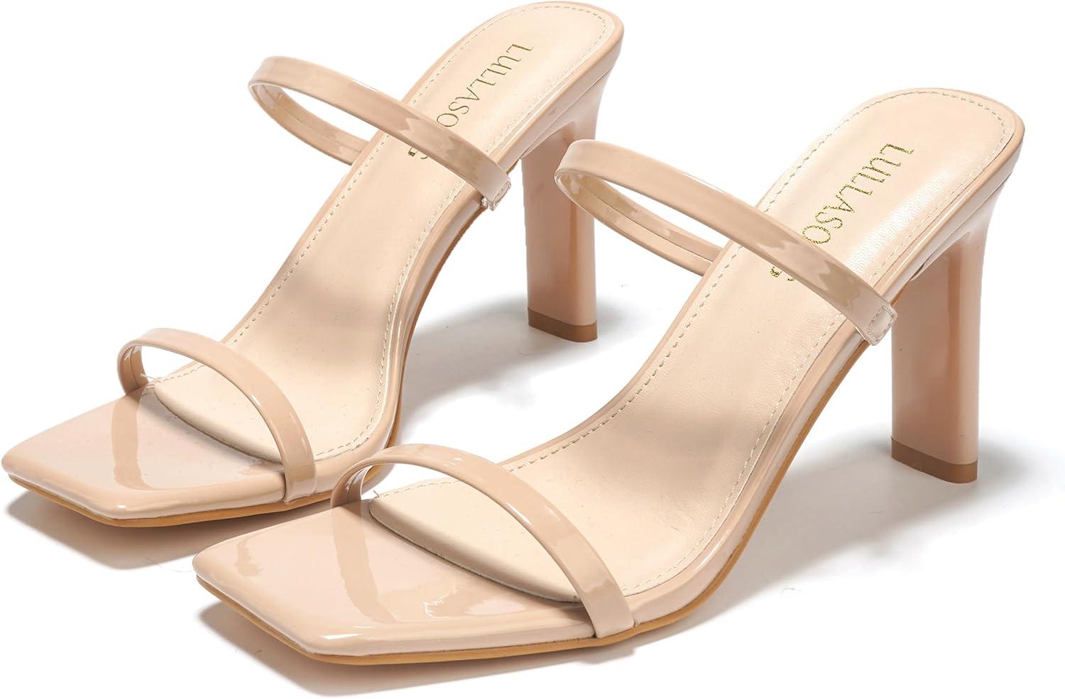imageWomens Heels Sandals Block Chunky Mid Heels Slip On Slides 35 Inch Heeled Square Open Toe Sandals for WomenNude