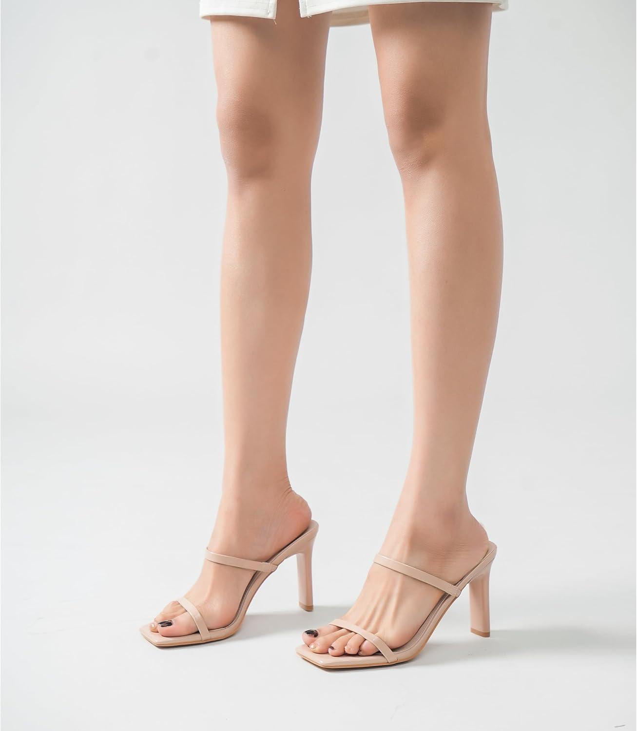 imageWomens Heels Sandals Block Chunky Mid Heels Slip On Slides 35 Inch Heeled Square Open Toe Sandals for WomenNude