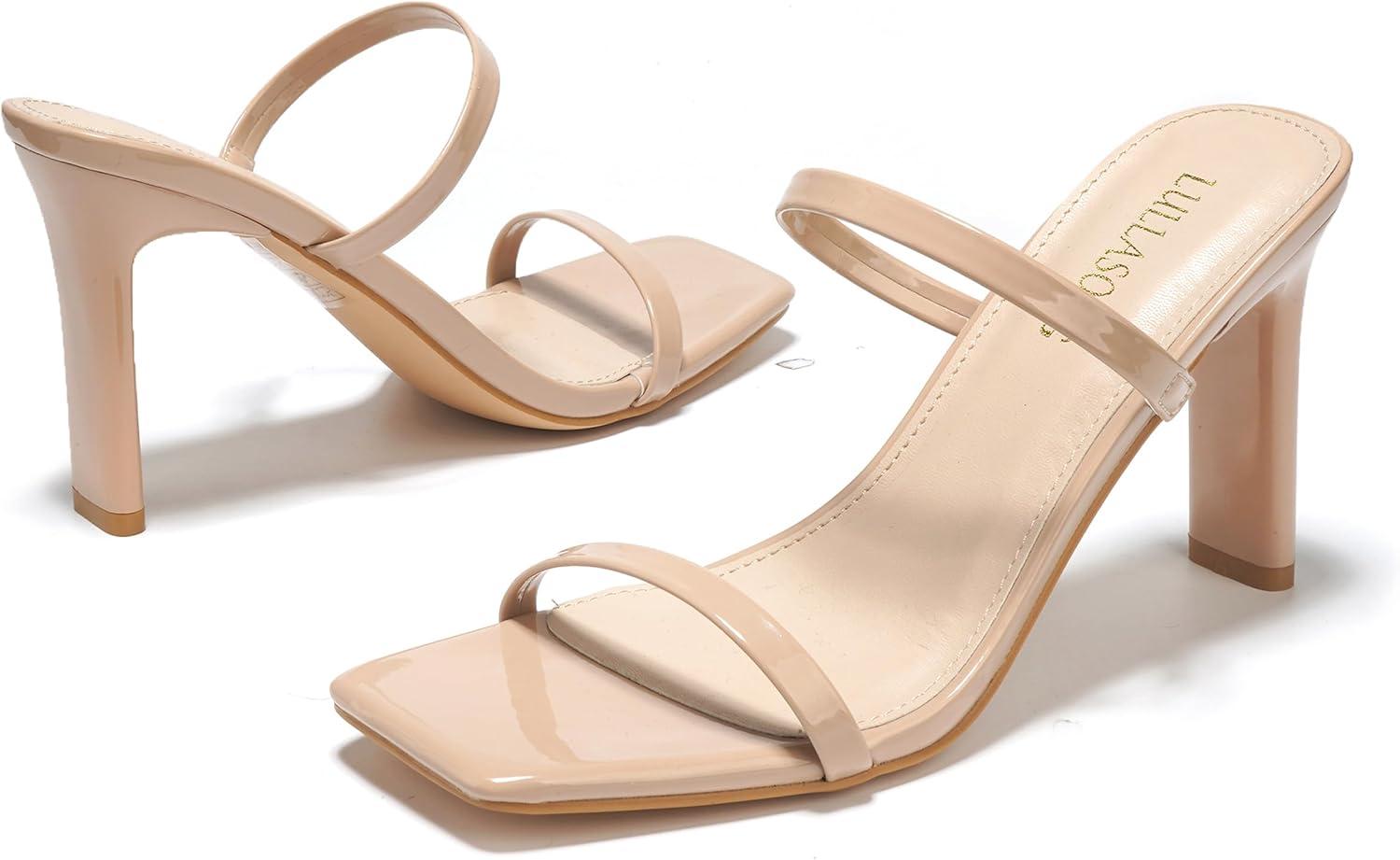 imageWomens Heels Sandals Block Chunky Mid Heels Slip On Slides 35 Inch Heeled Square Open Toe Sandals for WomenNude
