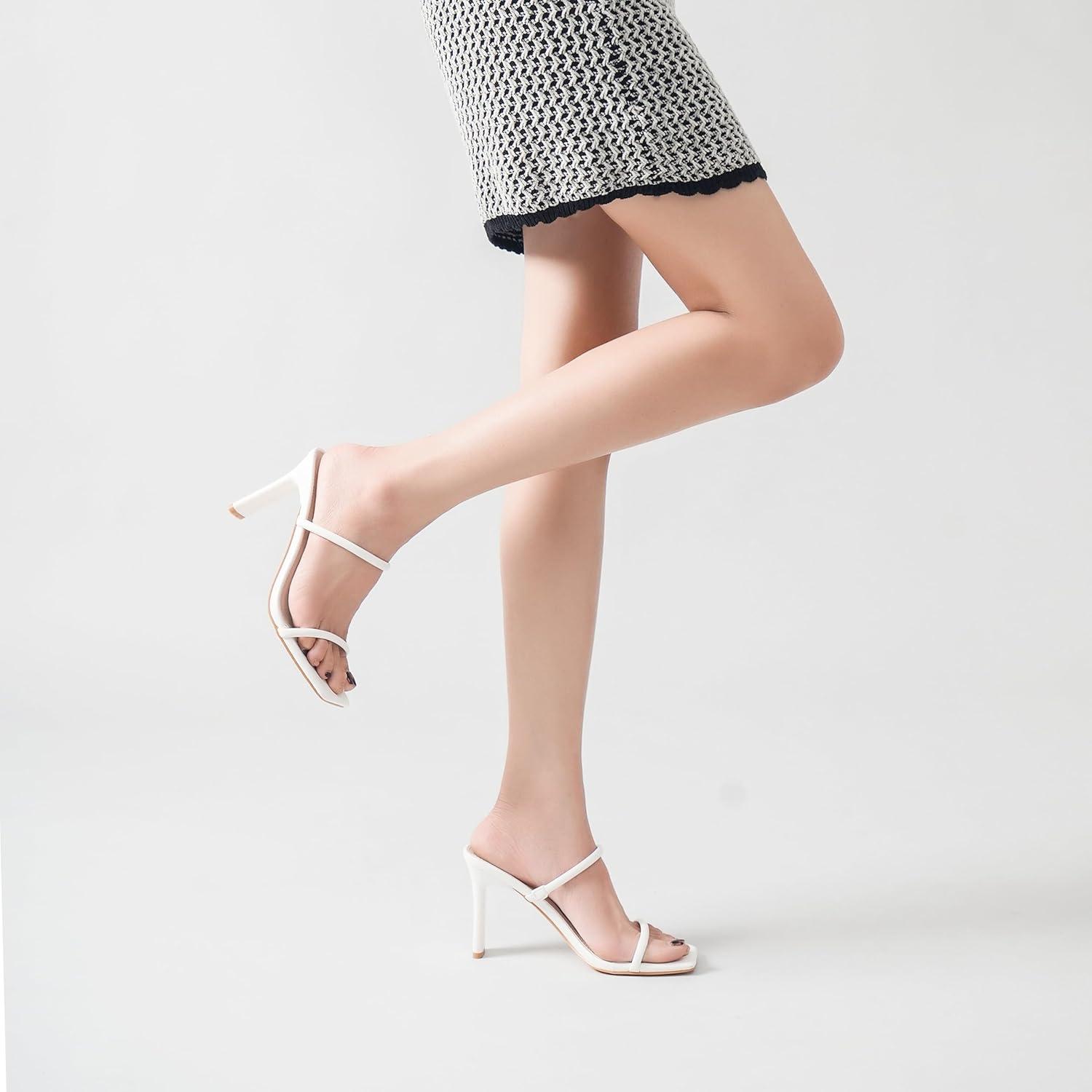 imageWomens Heels Sandals Block Chunky Mid Heels Slip On Slides 35 Inch Heeled Square Open Toe Sandals for WomenWhite
