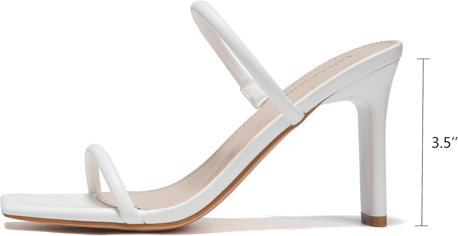 imageWomens Heels Sandals Block Chunky Mid Heels Slip On Slides 35 Inch Heeled Square Open Toe Sandals for WomenWhite