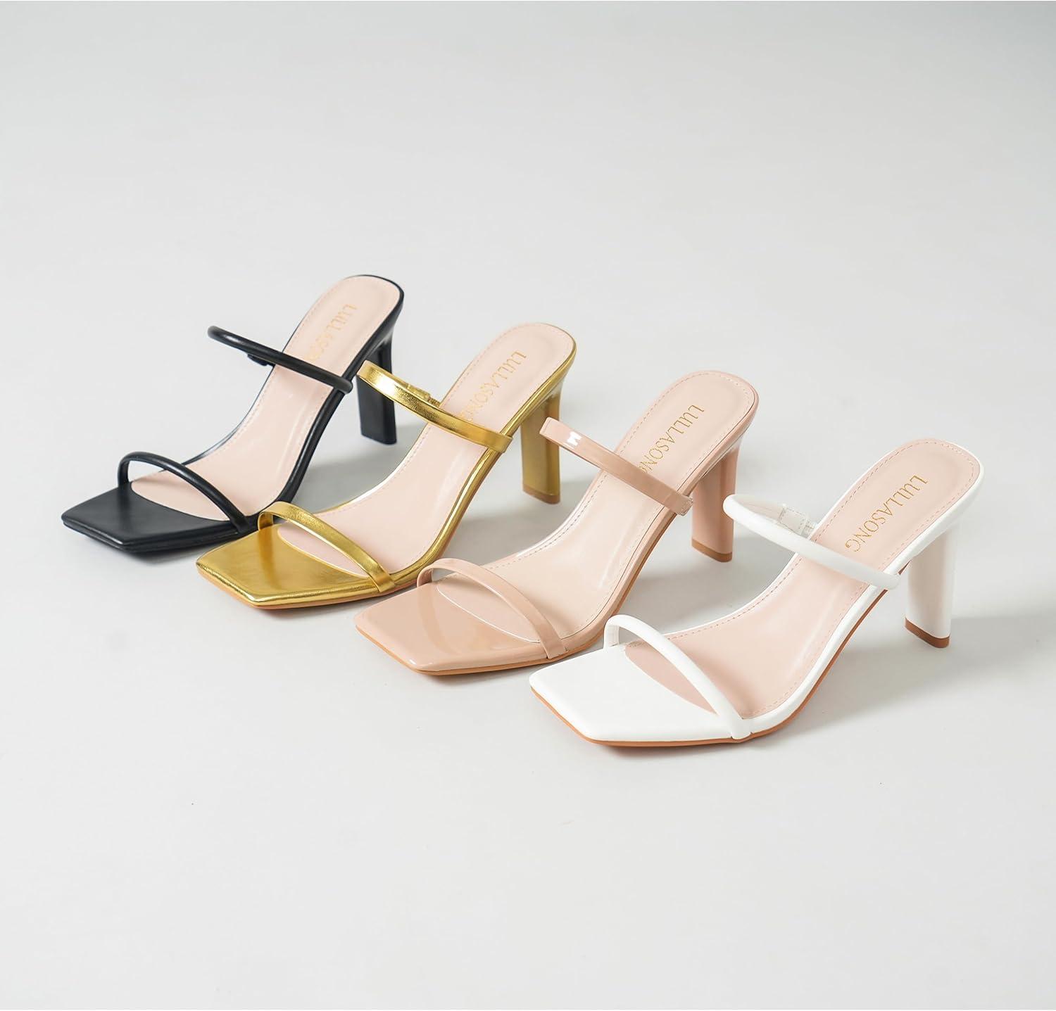 imageWomens Heels Sandals Block Chunky Mid Heels Slip On Slides 35 Inch Heeled Square Open Toe Sandals for WomenWhite