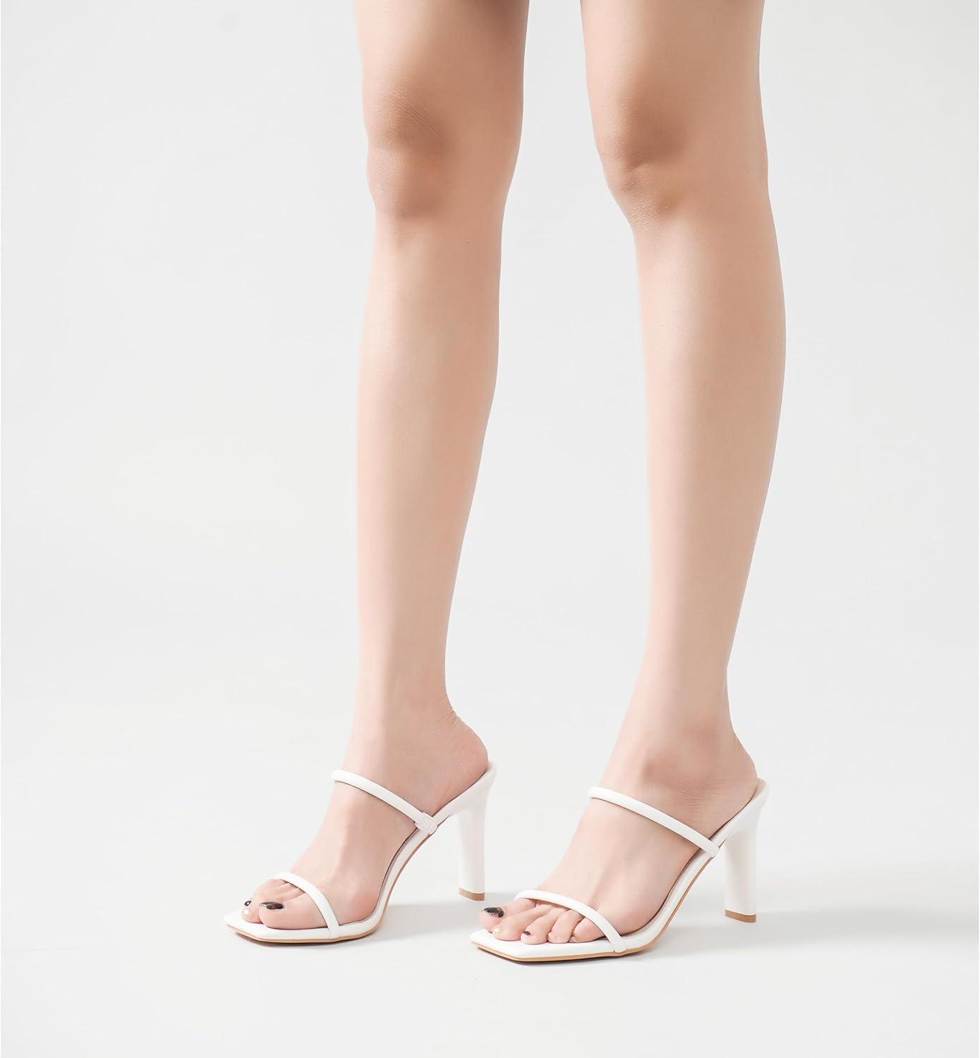 imageWomens Heels Sandals Block Chunky Mid Heels Slip On Slides 35 Inch Heeled Square Open Toe Sandals for WomenWhite